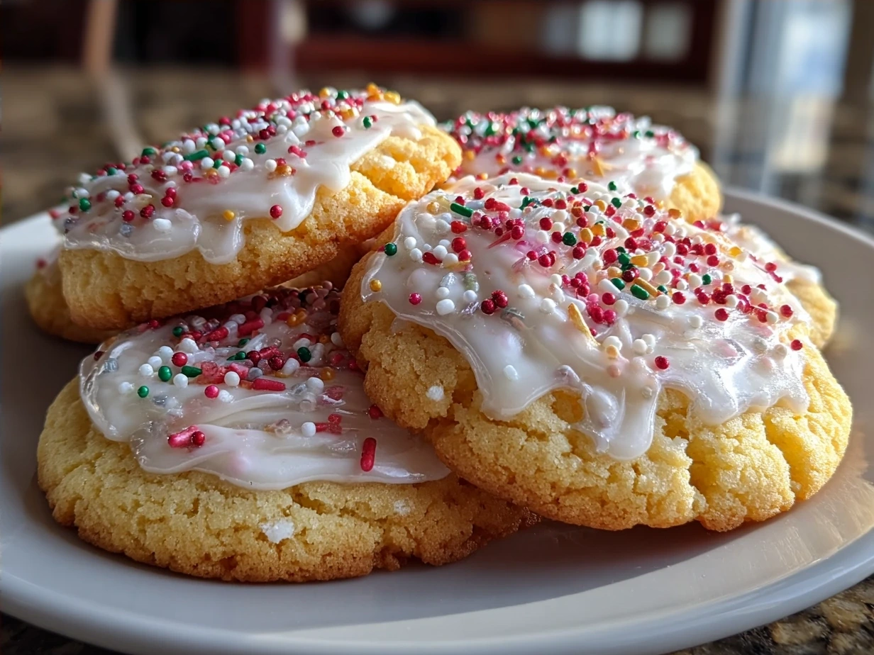 Finished frosted Lofthouse cookies on a plate.