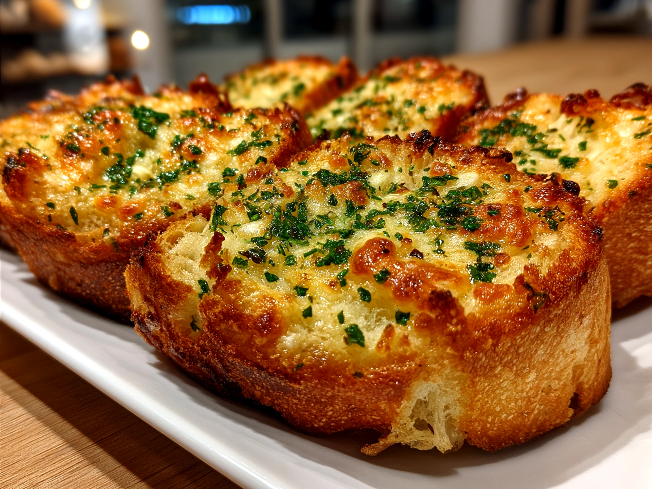 Finely baked garlic bread slices arranged and ready to serve