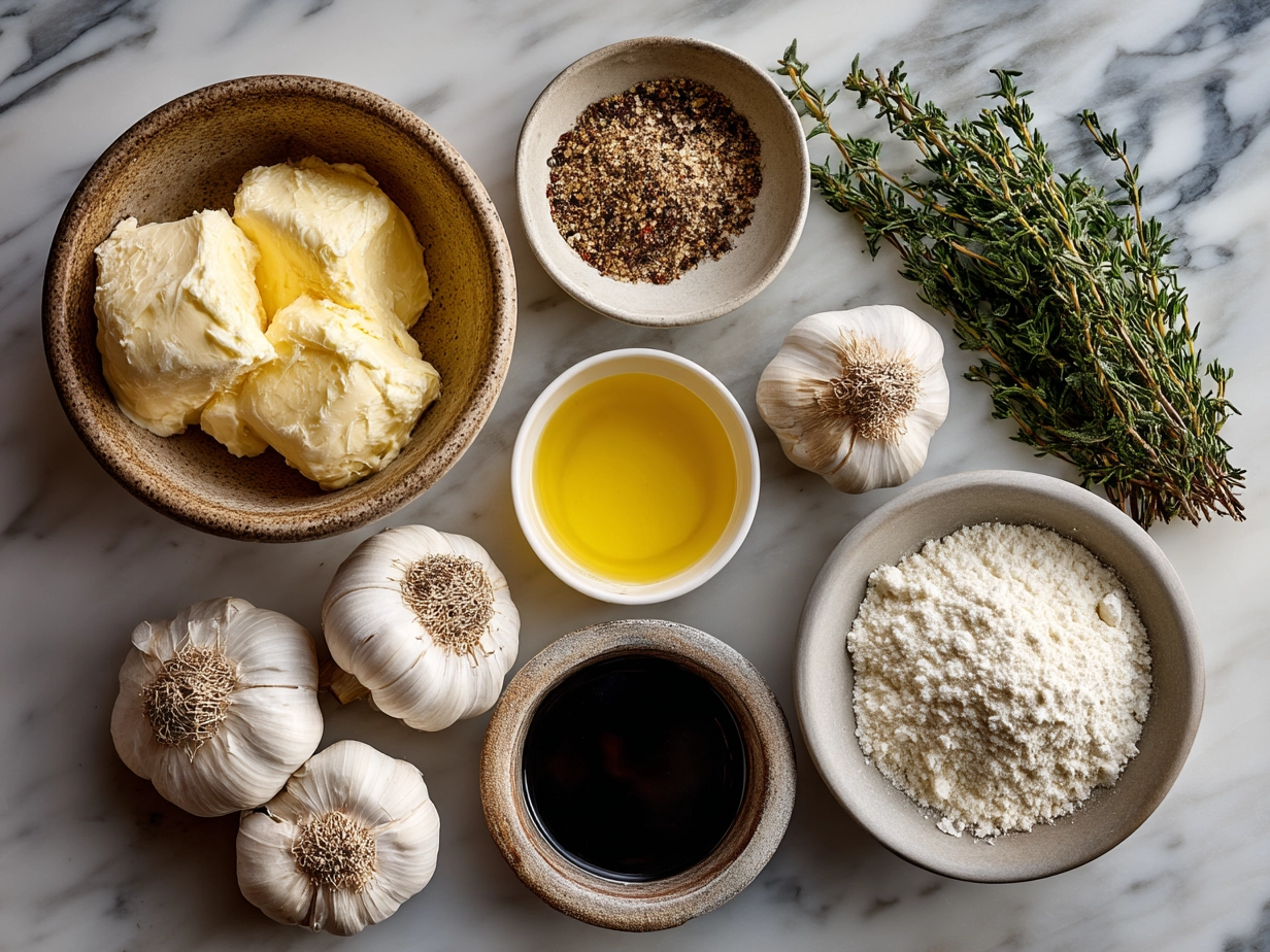 Ingredients for homemade garlic bread including bread, butter, garlic, parsley, salt, and Parmesan cheese