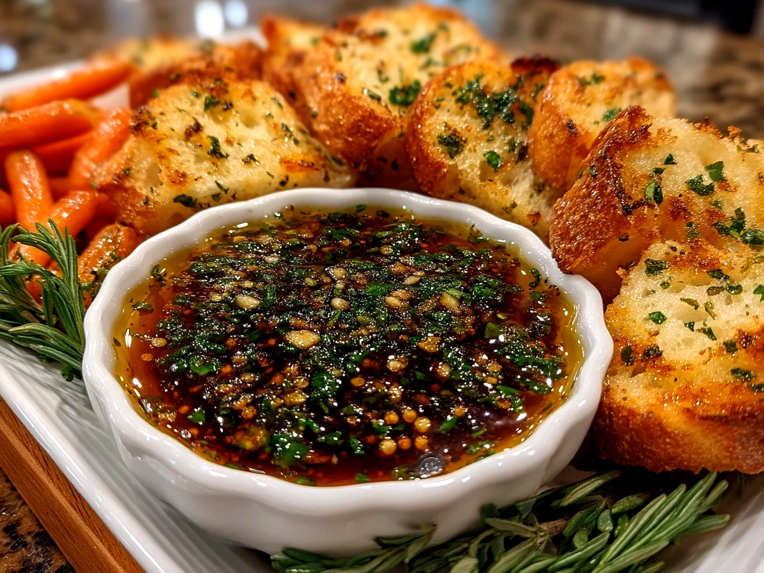 A bowl of Garlic Olive Oil Dip served with fresh bread and herbs