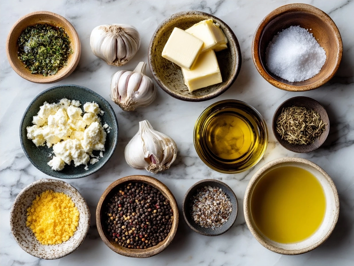 Ingredients for Garlic Olive Oil Dip including garlic, olive oil, parsley, herbs, salt, and pepper