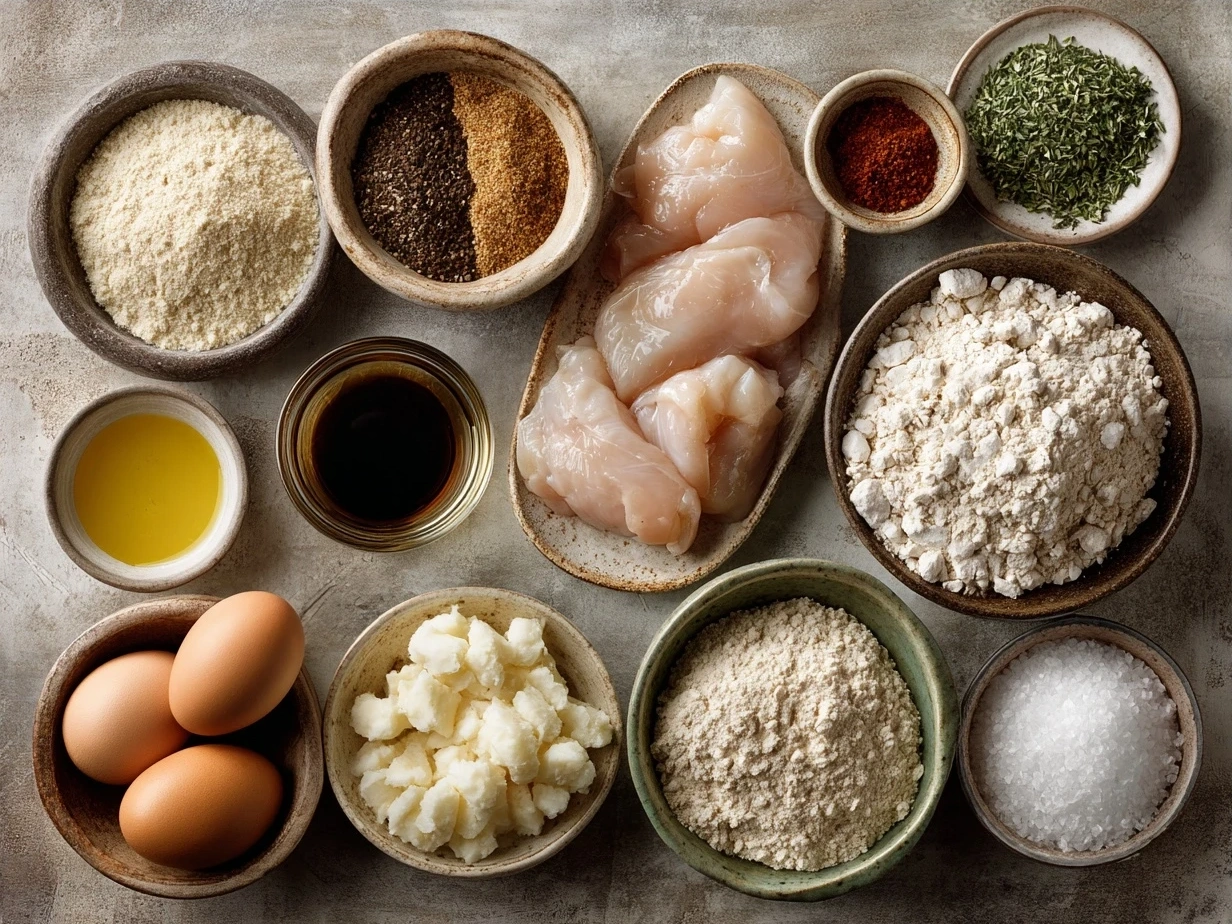 Ingredients for Gluten Free Chicken Tenders including chicken strips, gluten free breadcrumbs substitute, spices, eggs, Parmesan cheese, and olive oil
