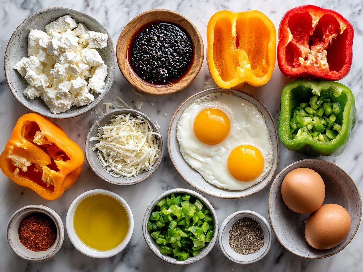 Ingredients for Goat Cheese Stuffed Mini Peppers including mini sweet peppers, goat cheese, cream cheese, olive oil, garlic, and herbs.