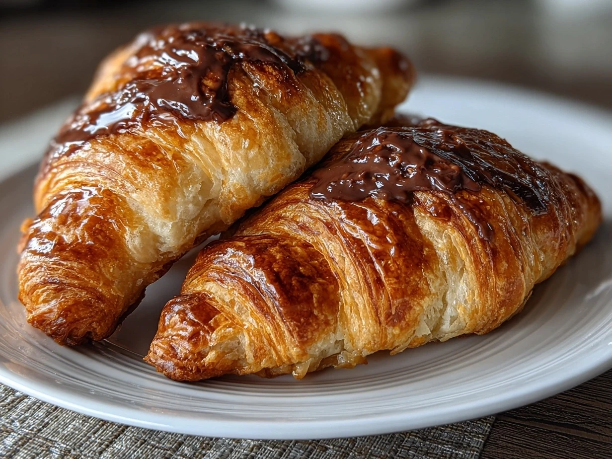 Golden Homemade Chocolate Croissants on Plate