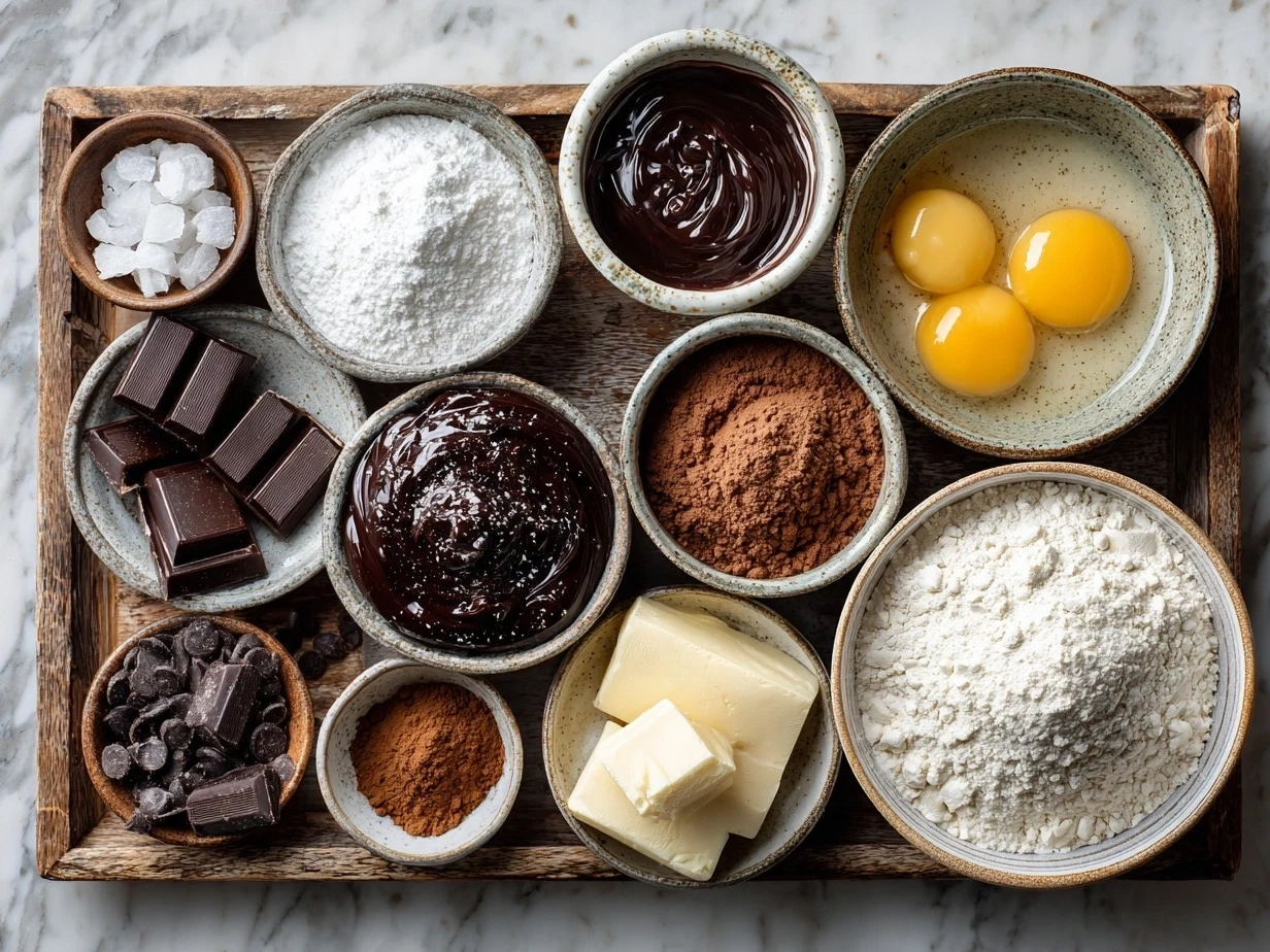 Ingredients for gooey chocolate cake including chocolate chips, butter, sugar, eggs, flour, vanilla extract, and salt