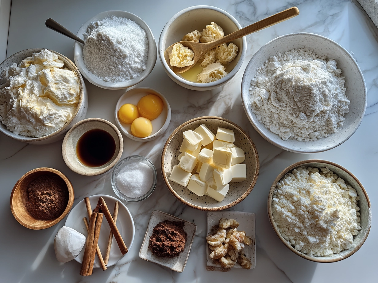 Ingredients for Grinch Crinkle Cookies showing flour, eggs, butter, sugar, and green food coloring