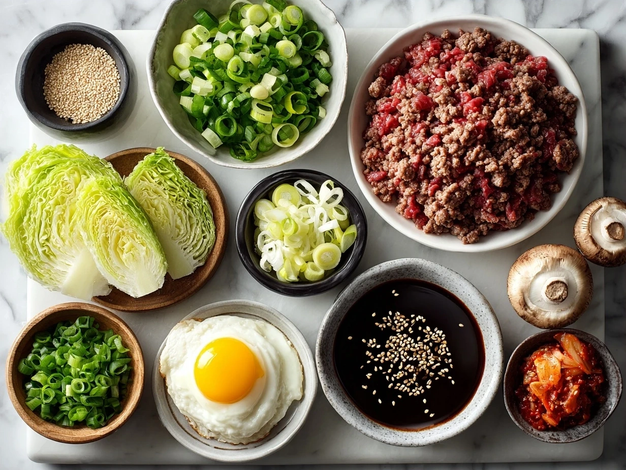 Ingredients for Ground Beef Bulgogi including ground beef, soy sauce, brown sugar, garlic, ginger, sesame oil, green onions, and sesame seeds