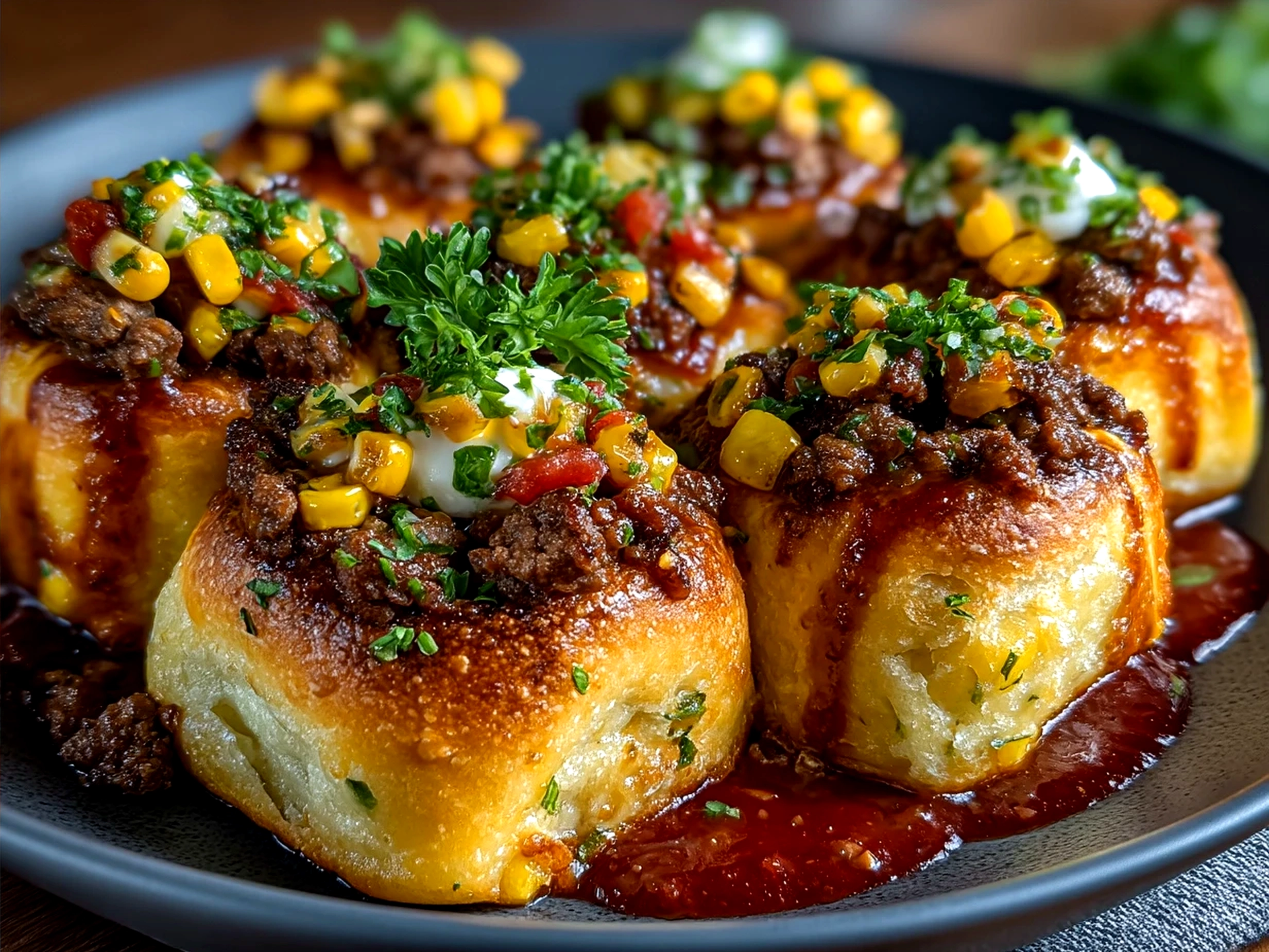 Plated Ground Beef Salsa Corn Roll Ups served with dip in bowls on a rustic table