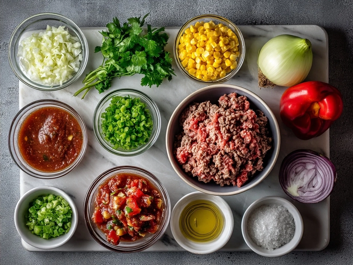 Ingredients for Ground Beef Salsa Corn Roll Ups laid out on a table