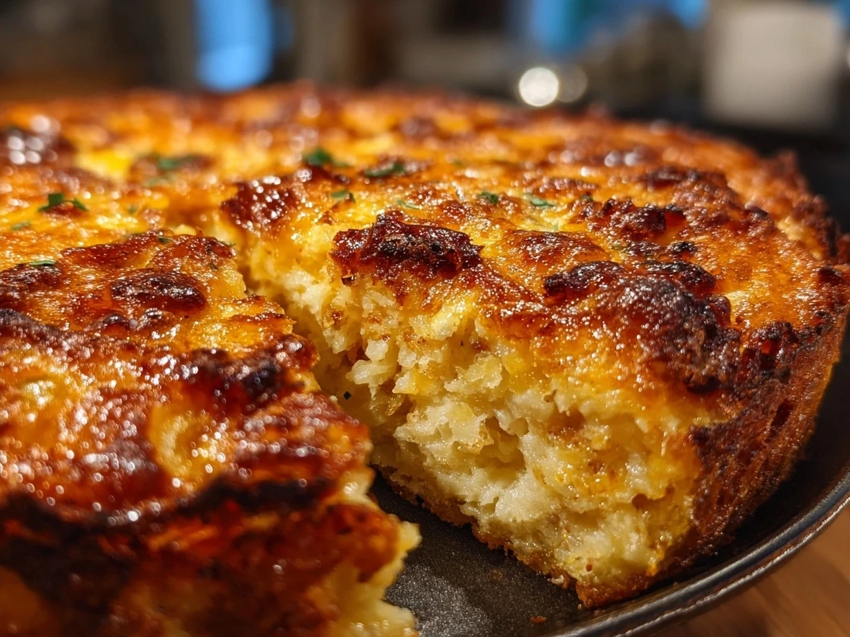 Delicious golden brown Hashbrown Breakfast Casserole served on a plate with fresh herbs