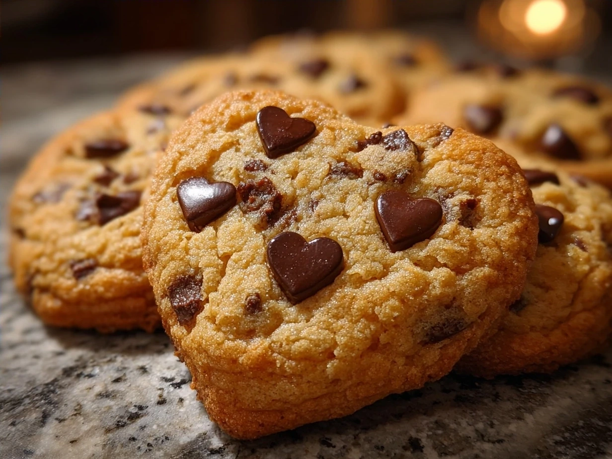 A plate of freshly baked heart-shaped chocolate chip cookies arranged on a kitchen table