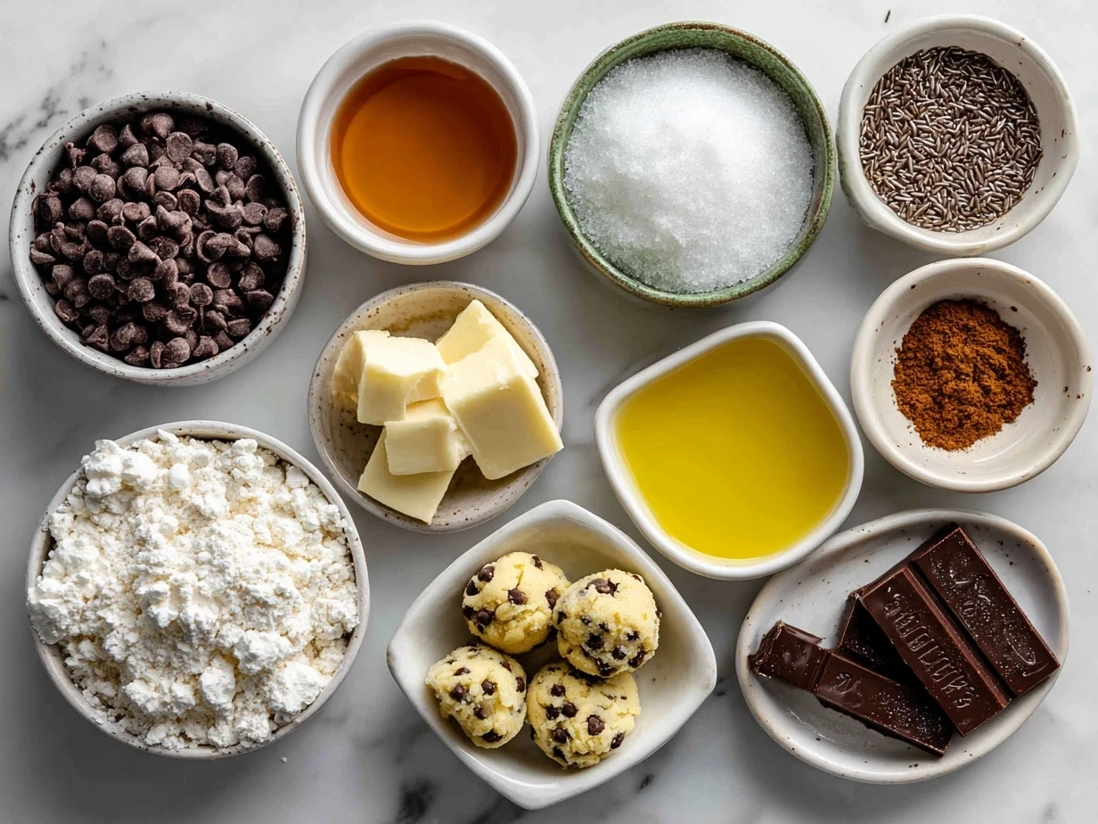 Ingredients for Heart-Shaped Chocolate Chip Cookies laid out on a kitchen counter