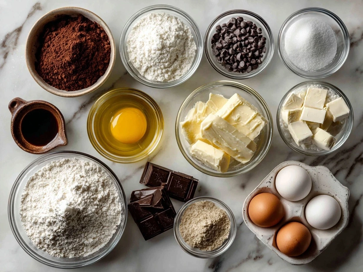 Ingredients for Hidden Heart Chocolate Loaf Cake laid out on a table