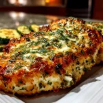 Home cook, close-up shot of freshly prepared Dill Pickle Parmesan Chicken on a white plate