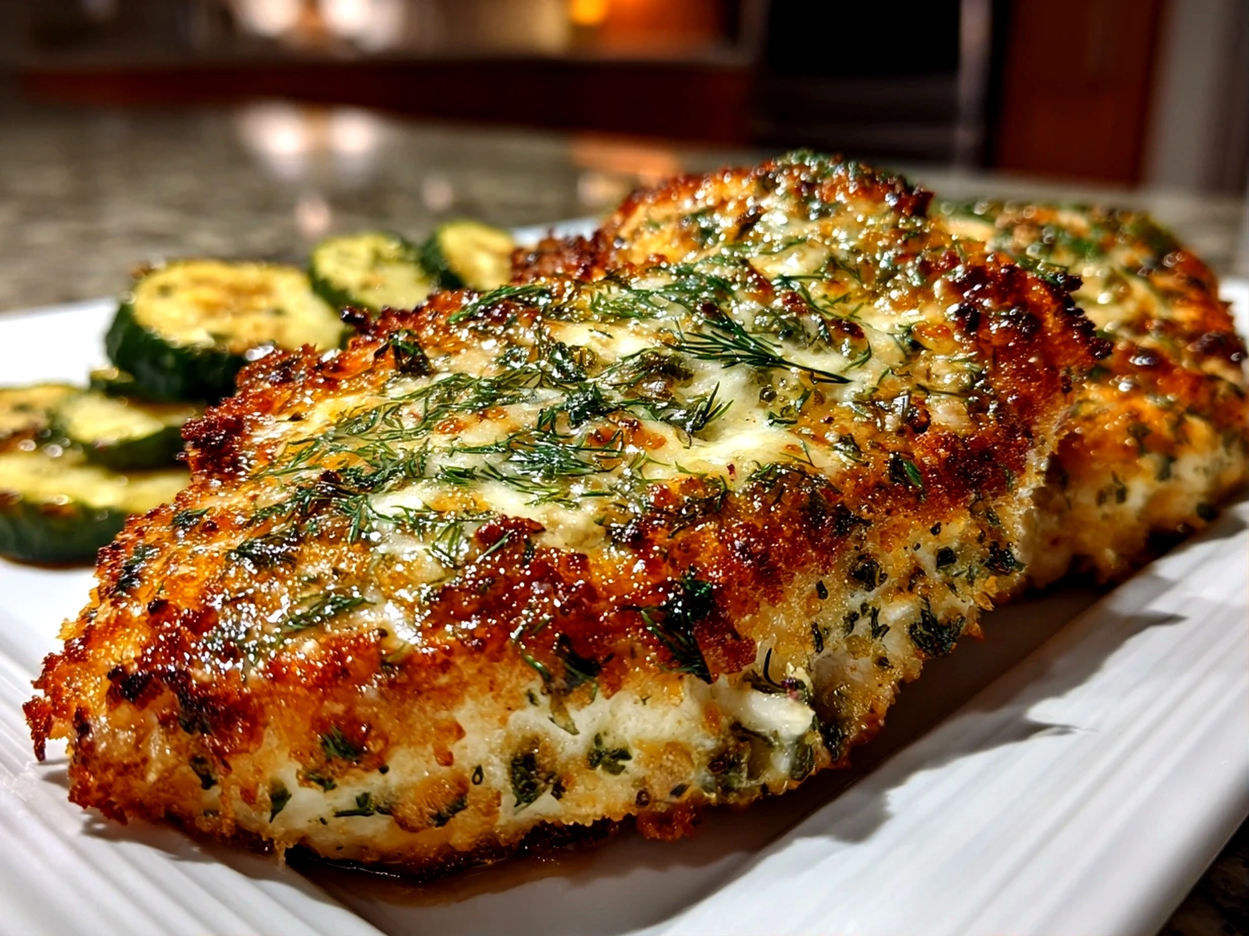 Home cook, close-up shot of freshly prepared Dill Pickle Parmesan Chicken on a white plate