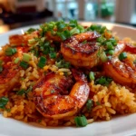 Home cook, iPhone 14. Close-up slight angle of freshly prepared Shrimp Dirty Rice on white plate. Rich inviting --ar 4:3 --style raw --s 240