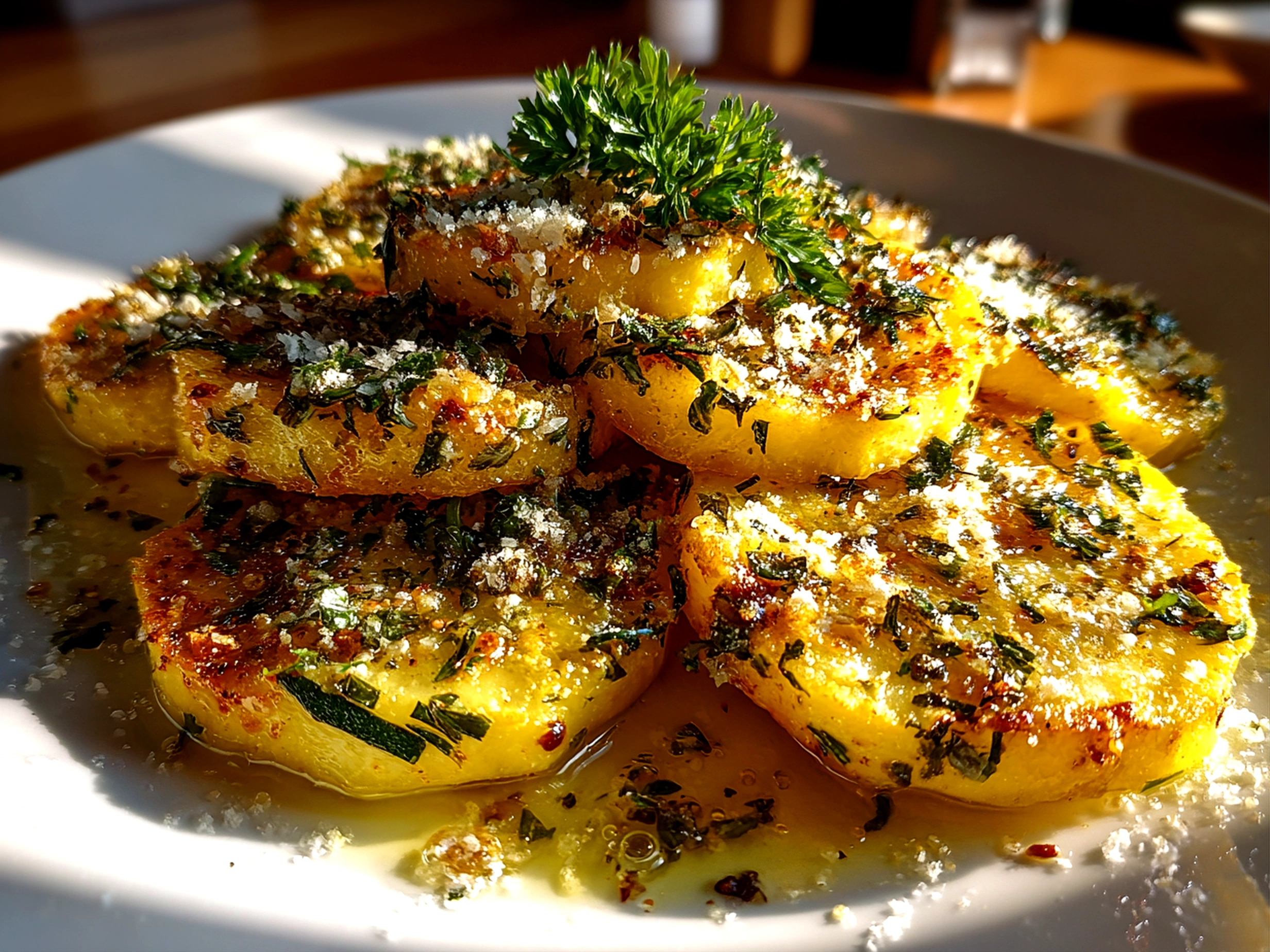 Home cook, taken with iPhone 14 Pro. Close-up slight angle of freshly prepared yellow squash parmesan on white plate. Warm appetizing --ar 4:3 --style raw --s 240