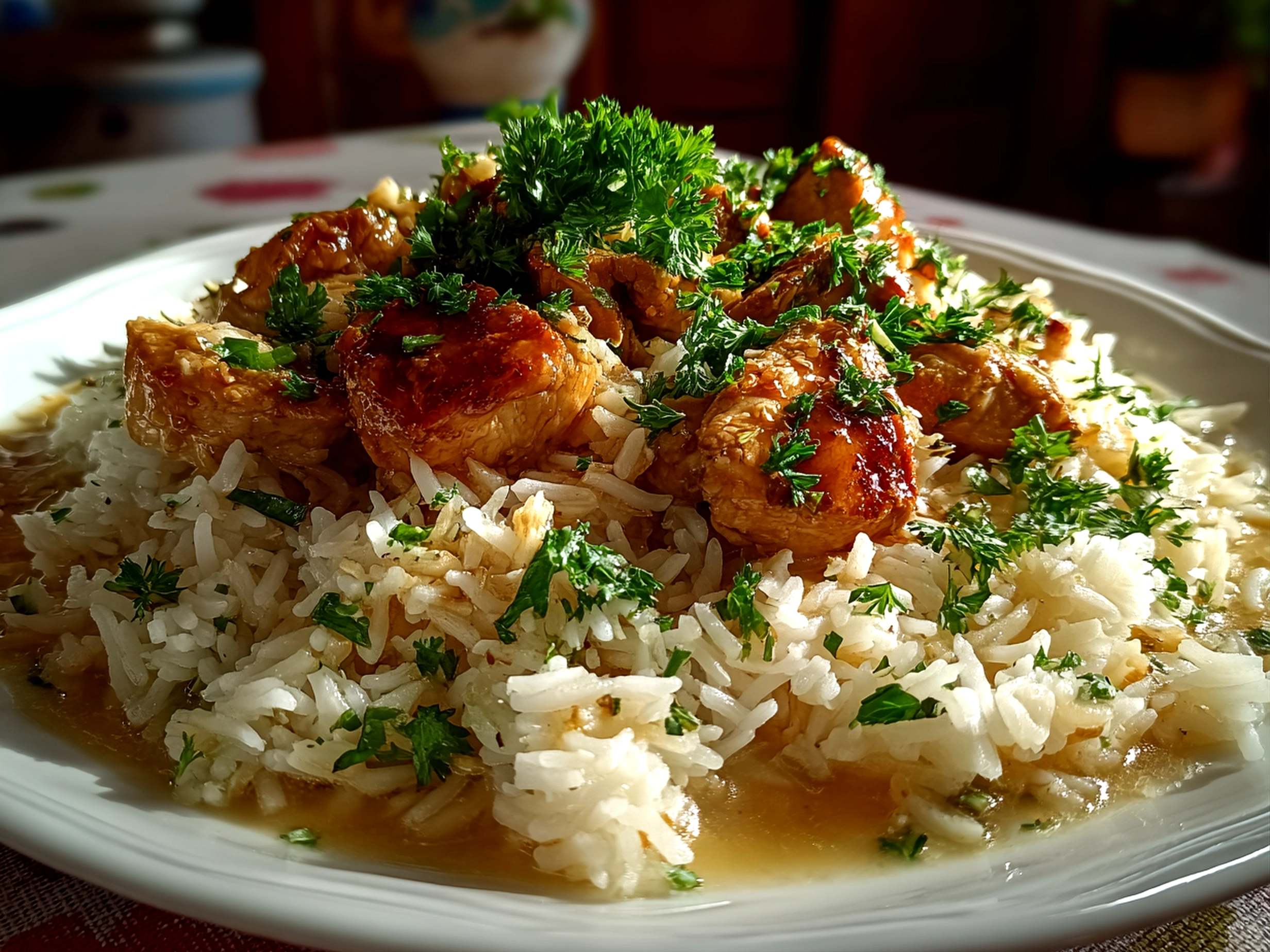 Home Cook, taken with iPhone 15 Pro. Close-up slight angle of comforting Chicken Ginger Rice on white plate. Warm appetizing --ar 4:3 --style raw --s 245