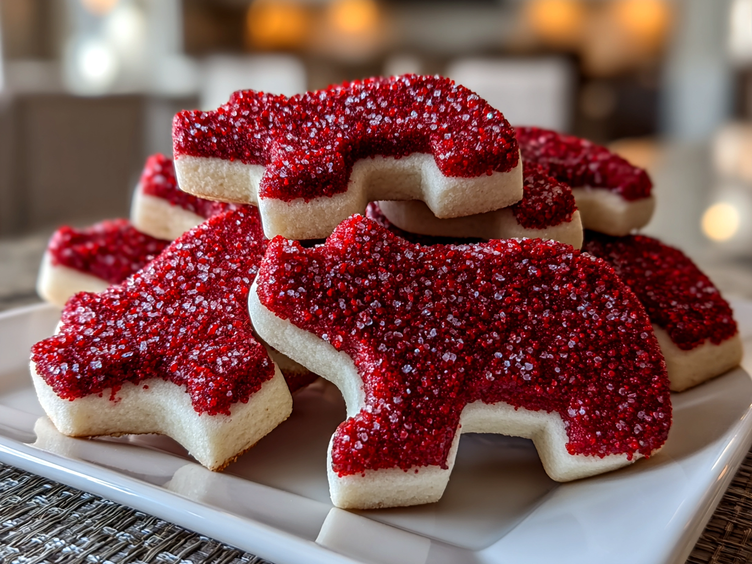 Home cook, taken with iPhone 15 Pro. Close-up slight angle of freshly prepared Red Velvet Bear Cookies on white plate. Rich inviting --ar 4:3 --style raw --s 260