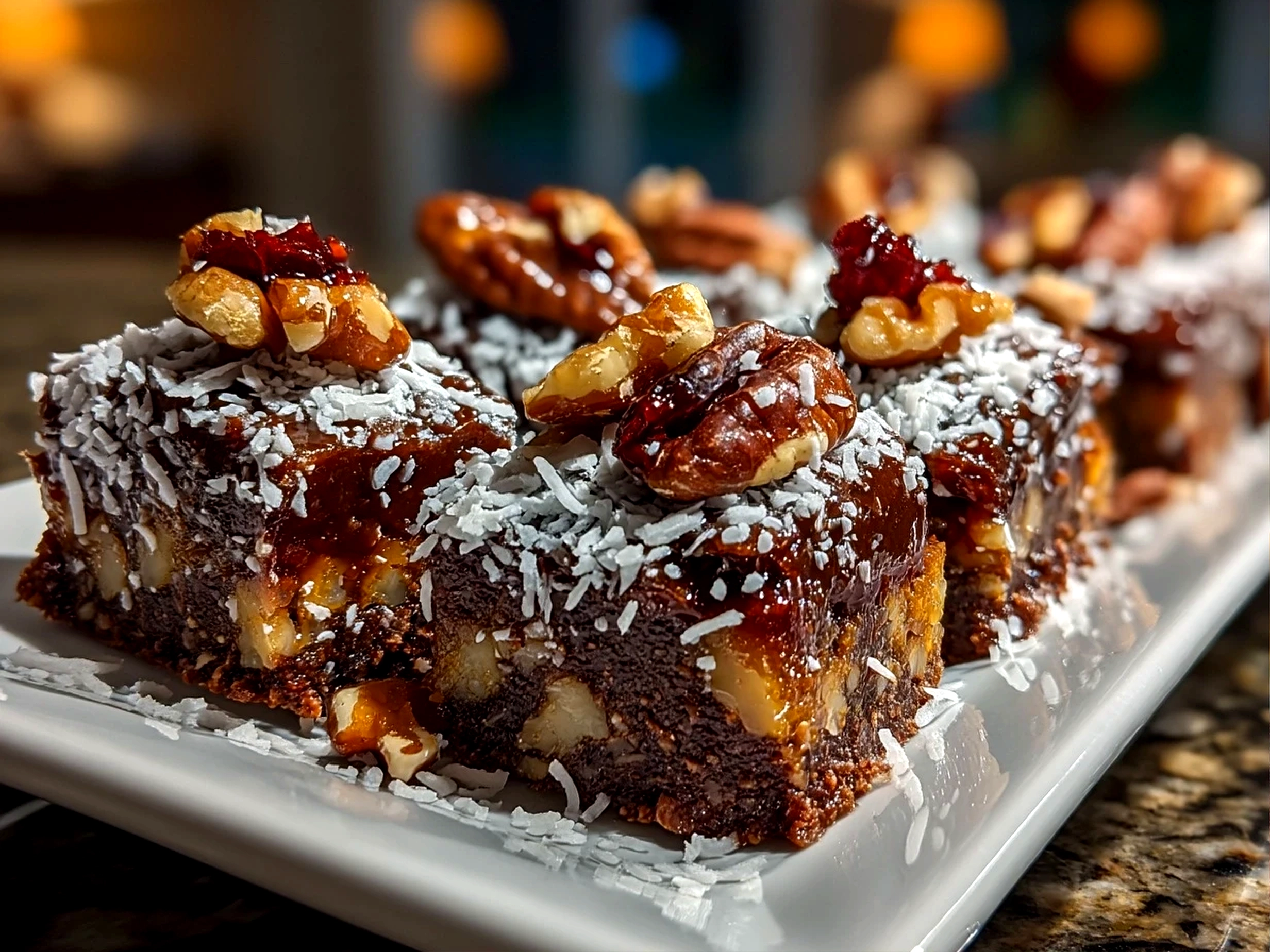 Close-up of homemade Vegan No-Bake Brownies with Dates Nuts, fresh and vibrant, served on a plate.