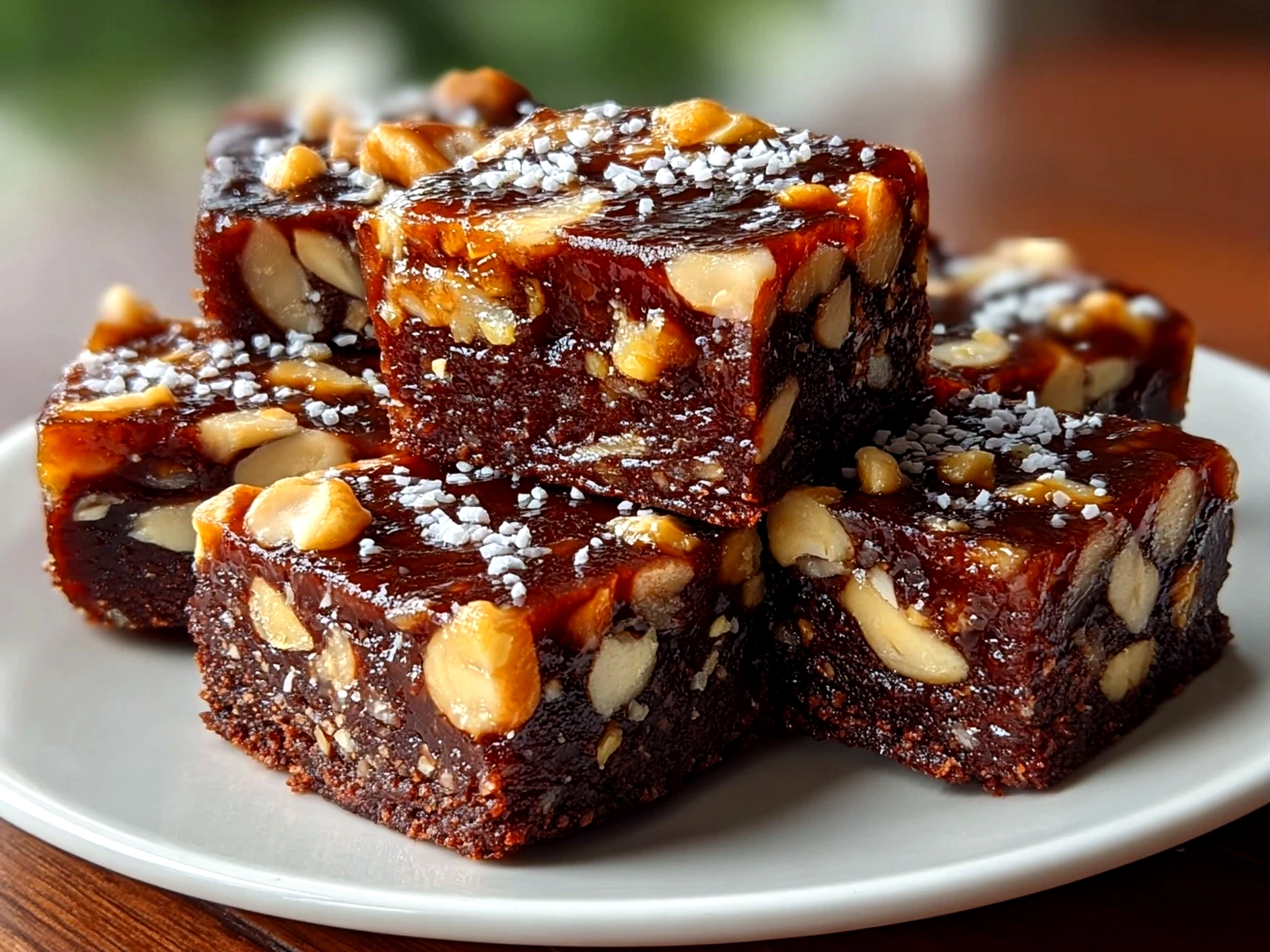 home cooking, taken with iPhone 14. Close-up slight angle of homemade Vegan No-Bake Brownies with Dates Nuts on white plate. rich inviting --ar 4:3 --style raw --s 245