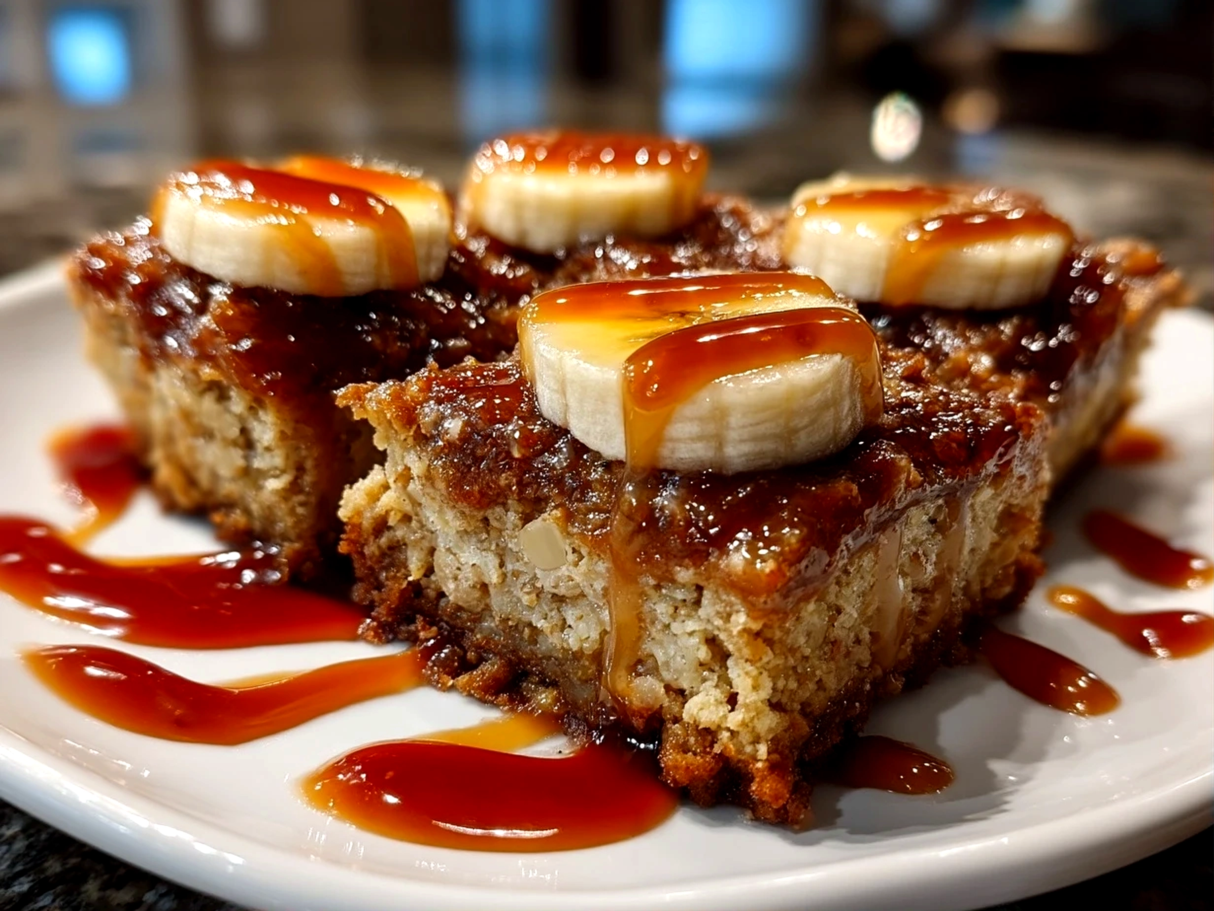 Close-up of finished comforting banana oatmeal bars, mouthwatering and ready to serve