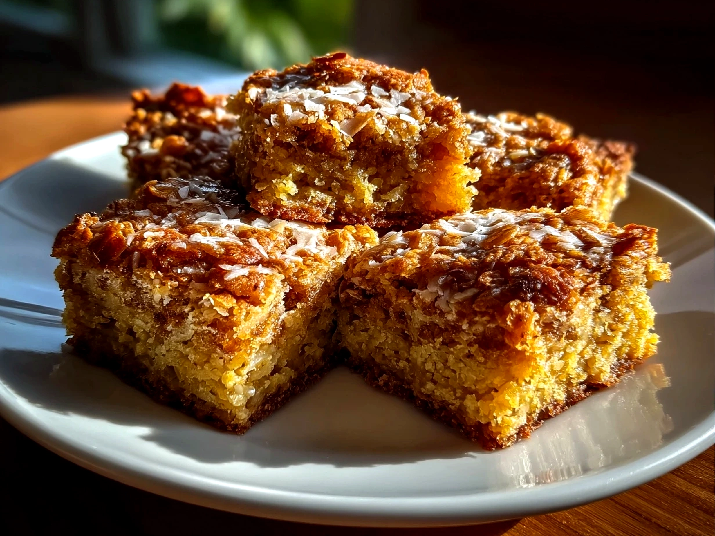 Home cooks, taken with iPhone 14 Pro. Close-up slight angle of homemade Banana Oatmeal Bars on white plate. Fresh vibrant --ar 4:3 --style raw --s 240