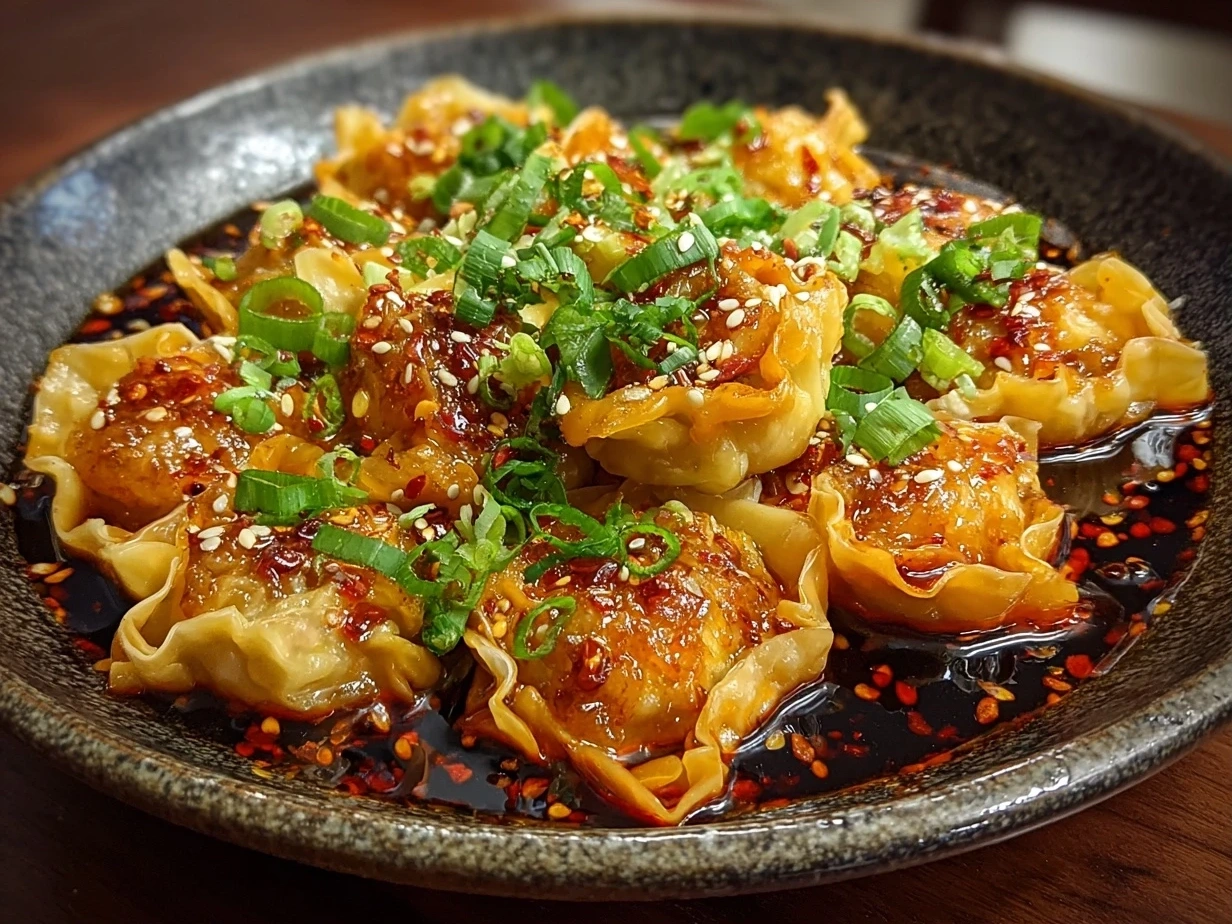 Close up of homemade spicy wontons in chilli sauce garnished with green onions and sesame seeds