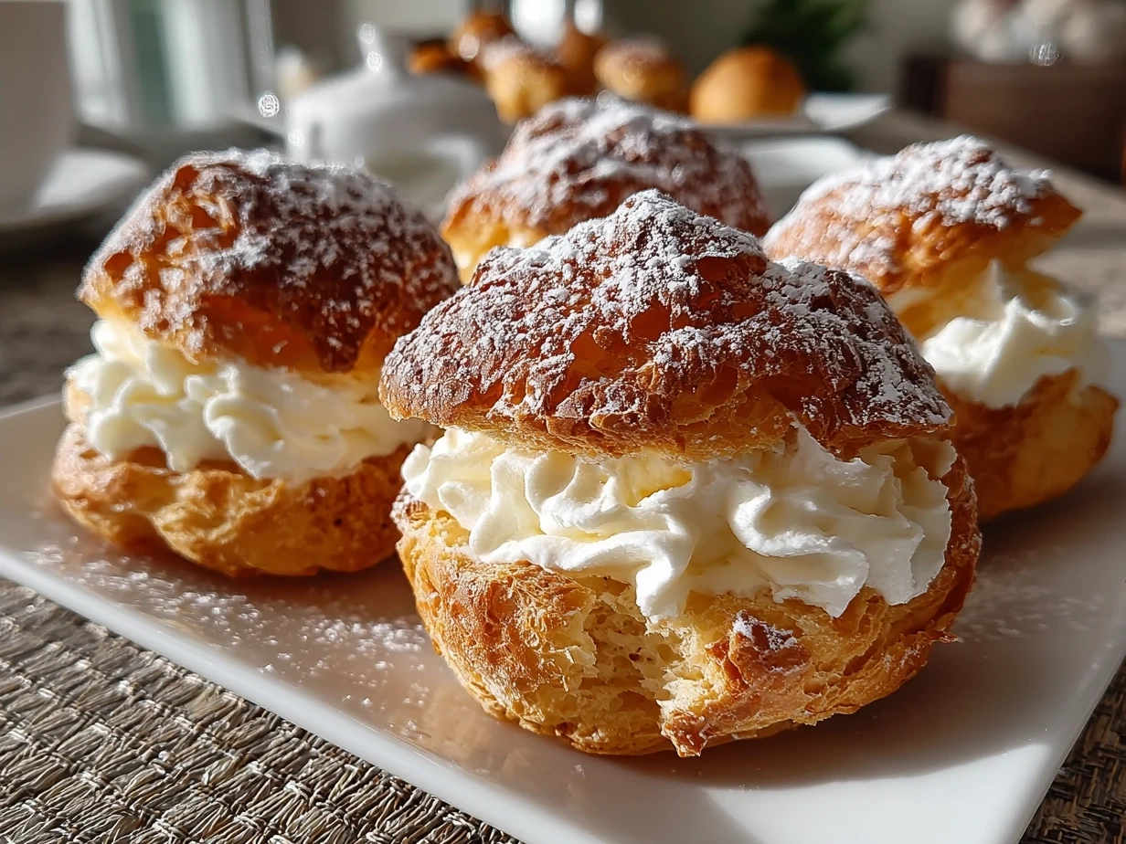 Freshly baked homemade cream puffs served on a plate dusted with powdered sugar