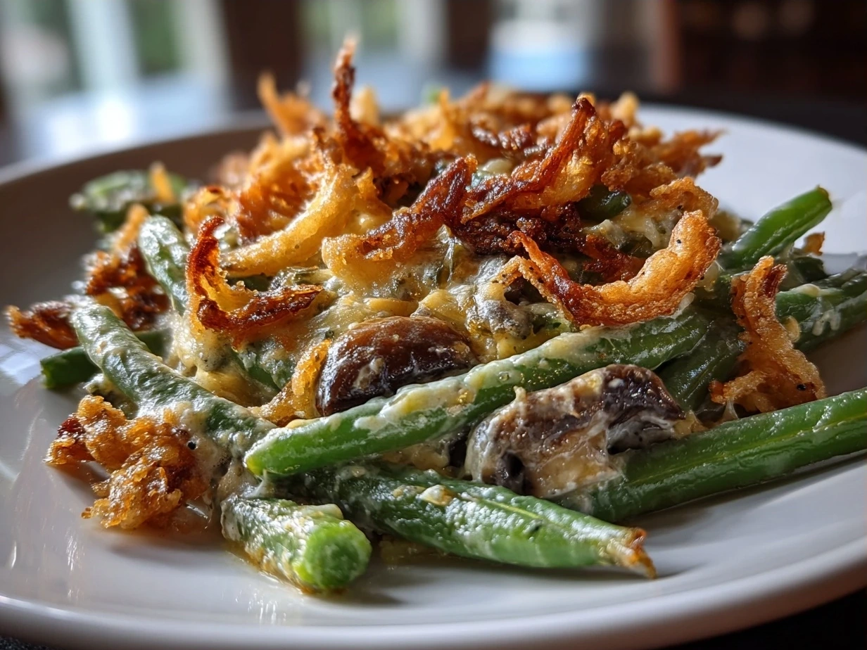 Final Homemade Green Bean Casserole served in a rustic casserole dish fresh from the oven