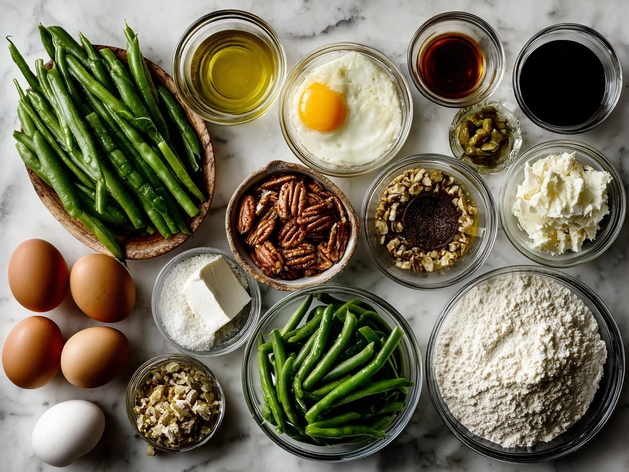 Ingredients for Homemade Green Bean Casserole including fresh green beans, mushrooms, butter, garlic, onion, and crispy fried onions