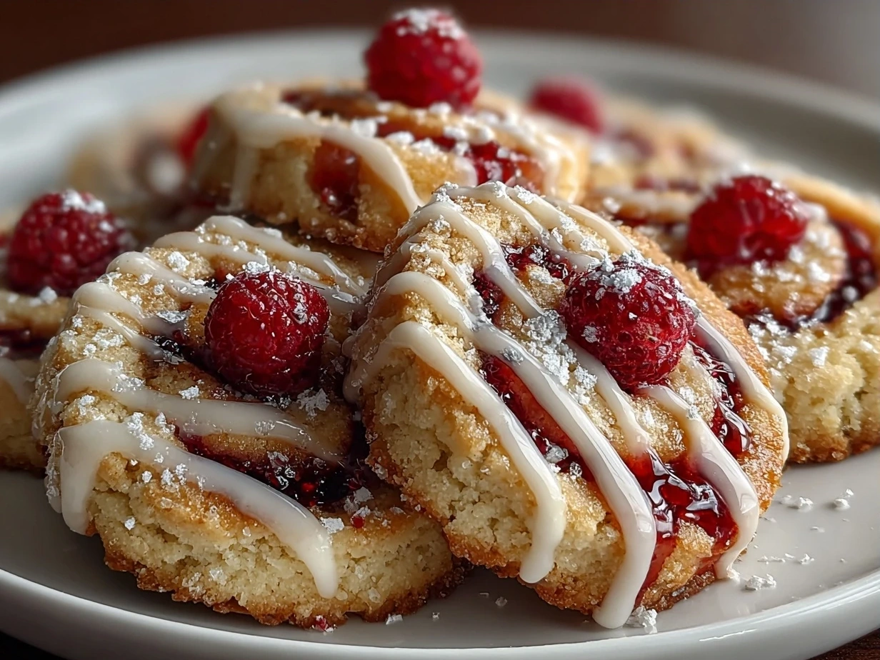 Final homemade raspberry swirl shortbread cookies served on a plate