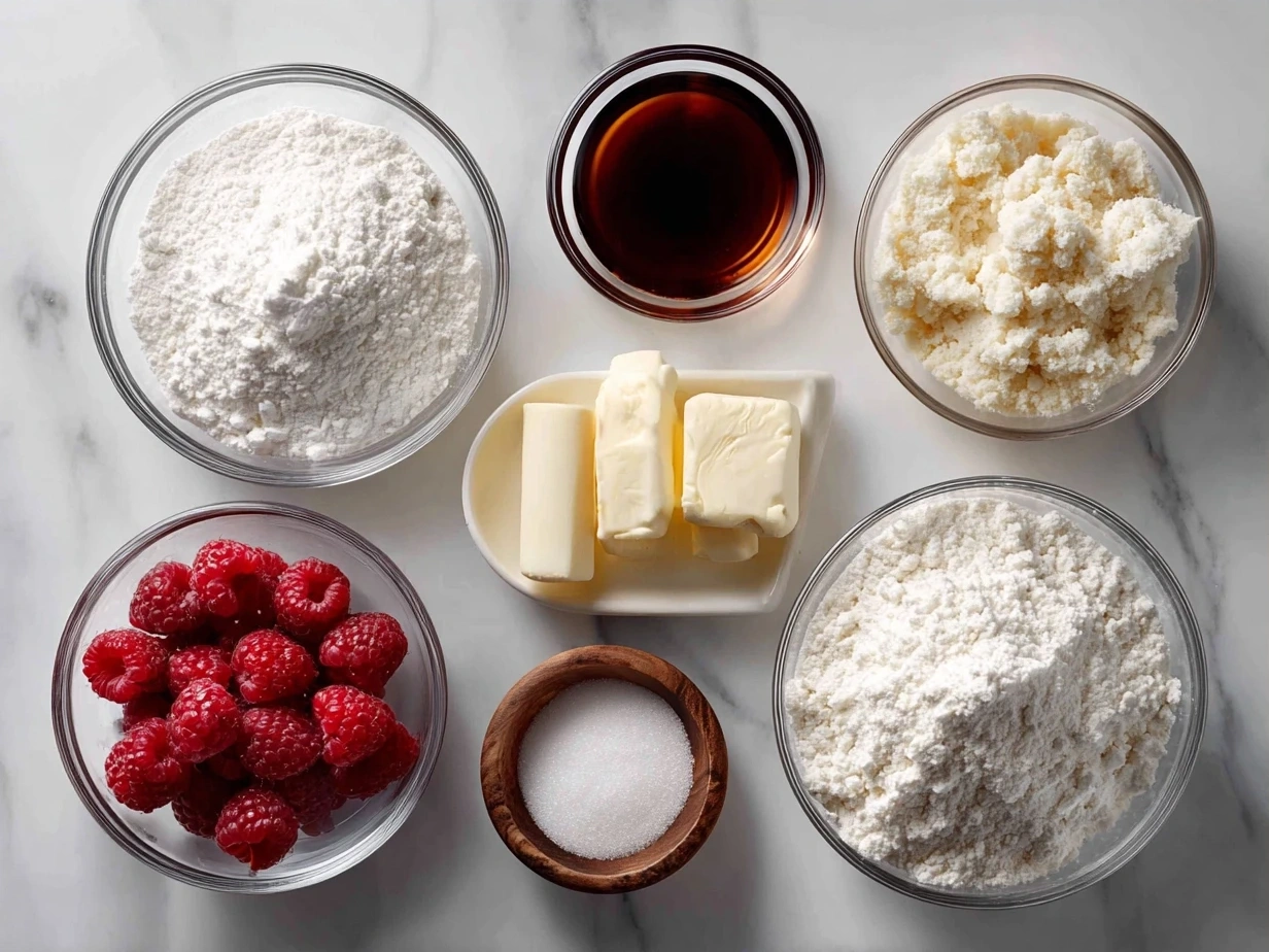 Ingredients for homemade raspberry swirl shortbread cookies including butter, sugar, flour, salt, raspberry jam, and vanilla