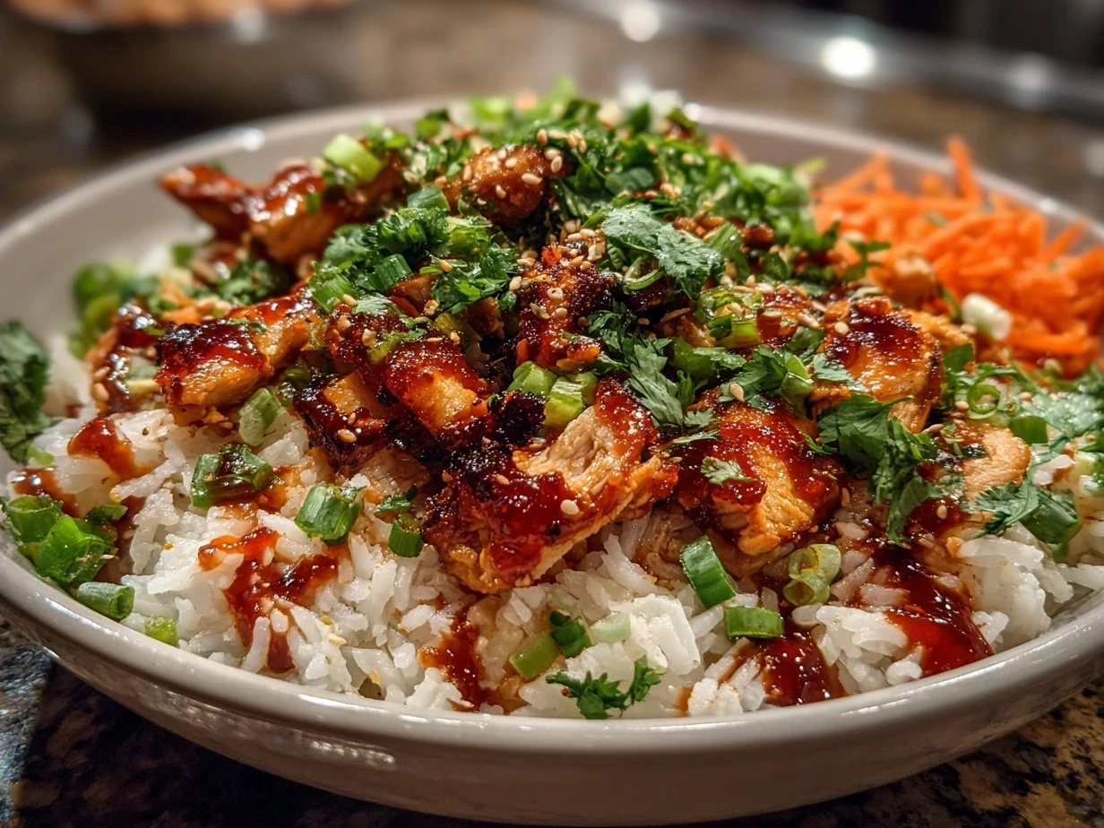 Final plated Honey Sriracha Chicken Rice Bowls with sliced chicken, steamed broccoli, rice, and garnished with green onions and sesame seeds