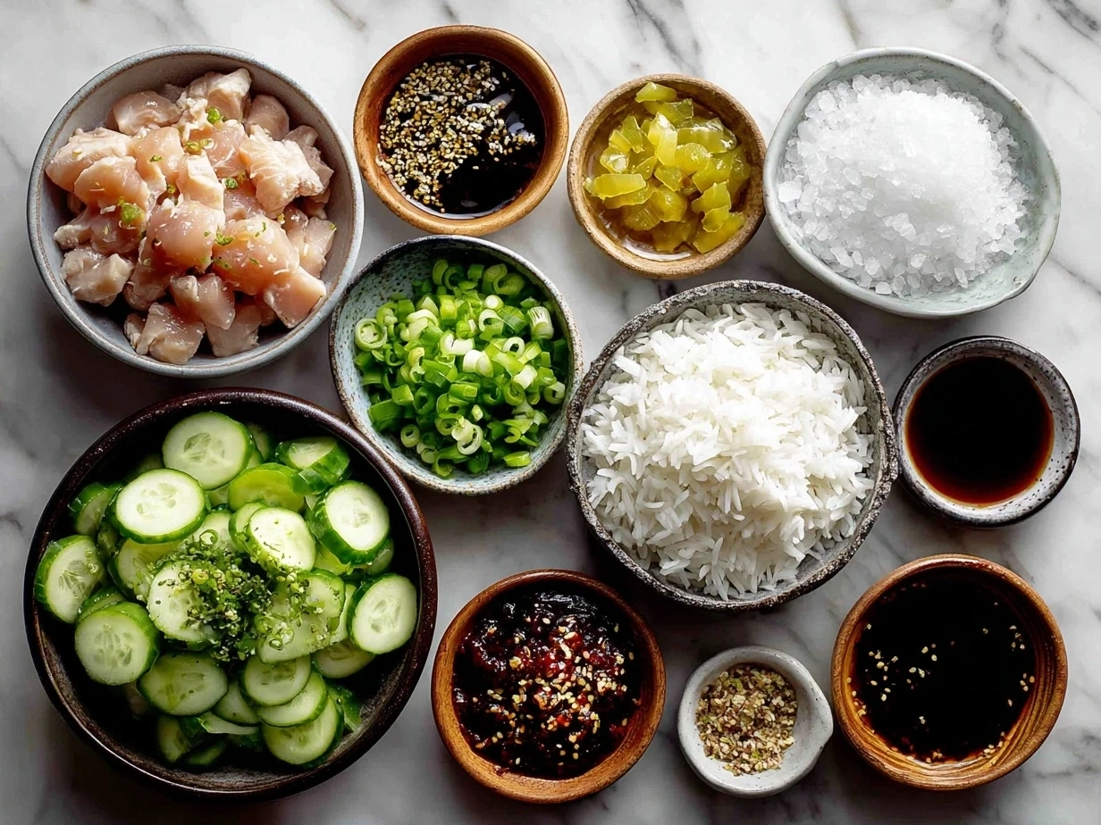 Ingredients for Honey Sriracha Chicken Rice Bowls laid out on a wooden surface