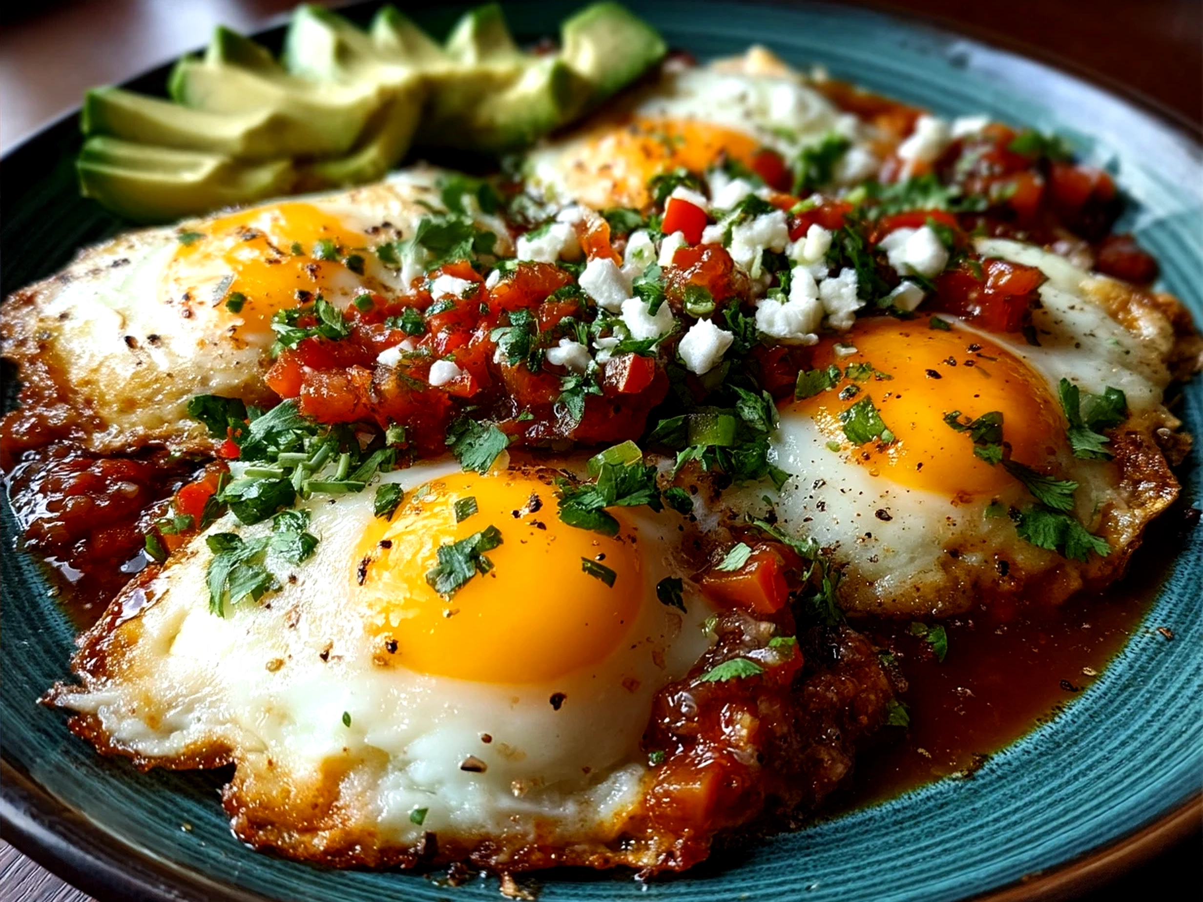 Plated Huevos Rancheros with avocado and cilantro garnish