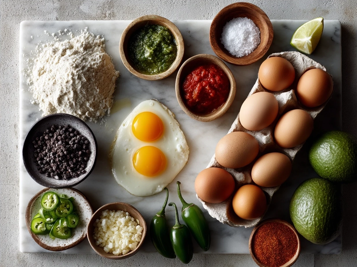 Ingredients for Huevos Rancheros on a kitchen counter