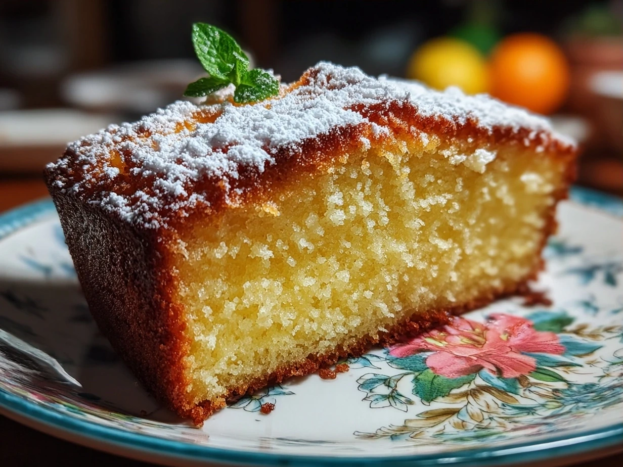 Finished Italian Love Cake on a cake stand, sprinkled with powdered sugar and almonds