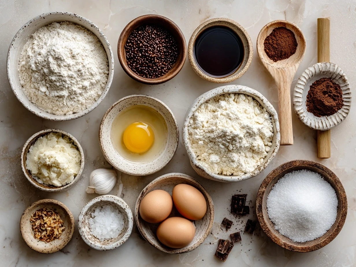 Ingredients laid out for Italian Love Cake including flour, sugar, almonds, eggs, milk, and butter