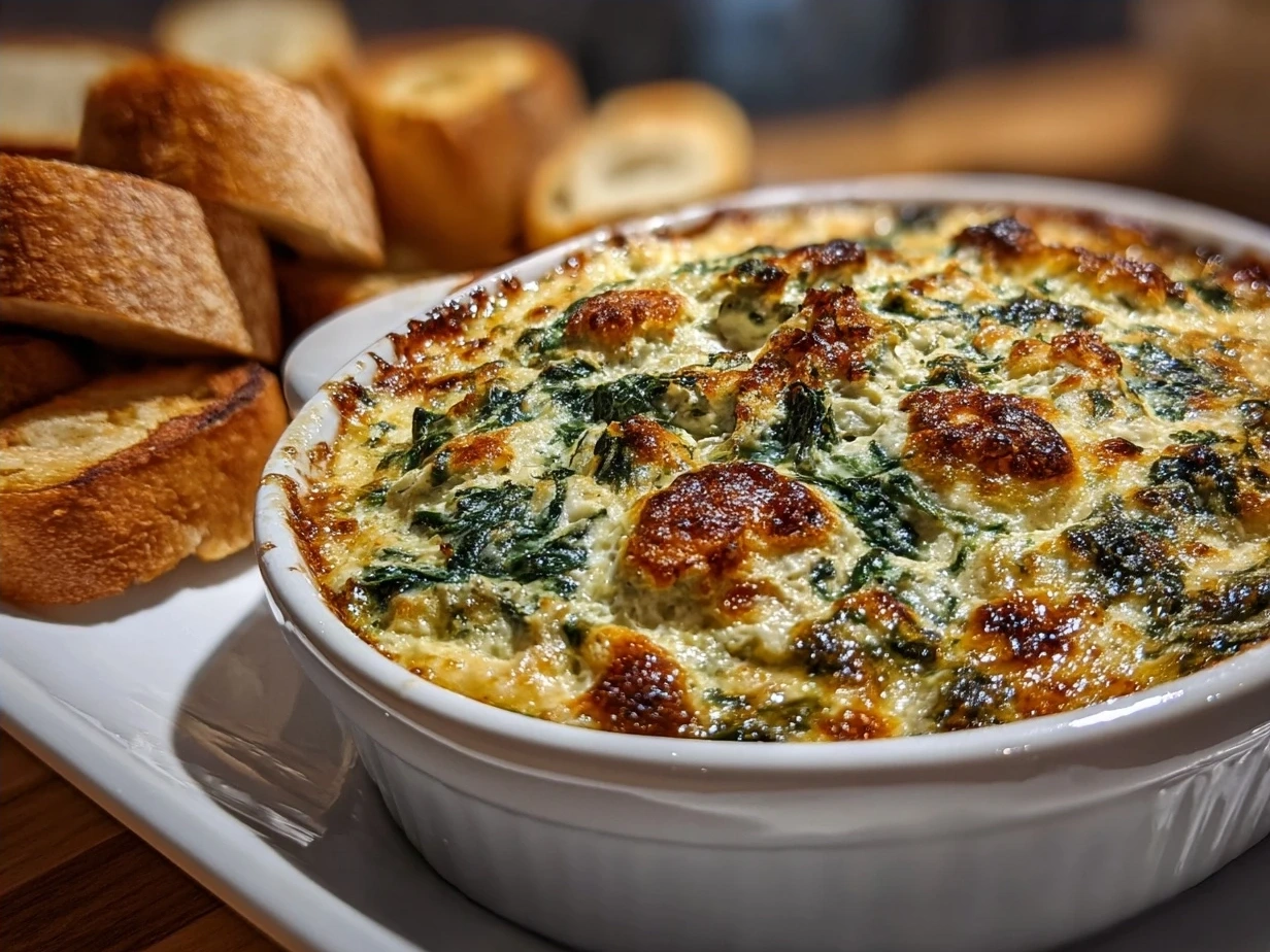 Creamy jalapeño spinach artichoke dip served in a bowl with dippers