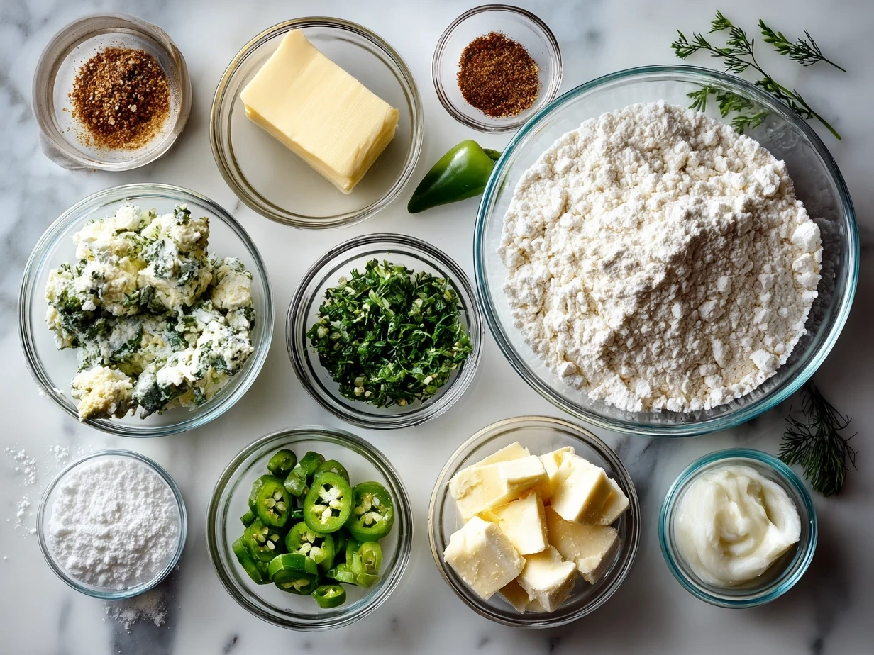 Ingredients for jalapeño spinach artichoke dip laid out on a countertop