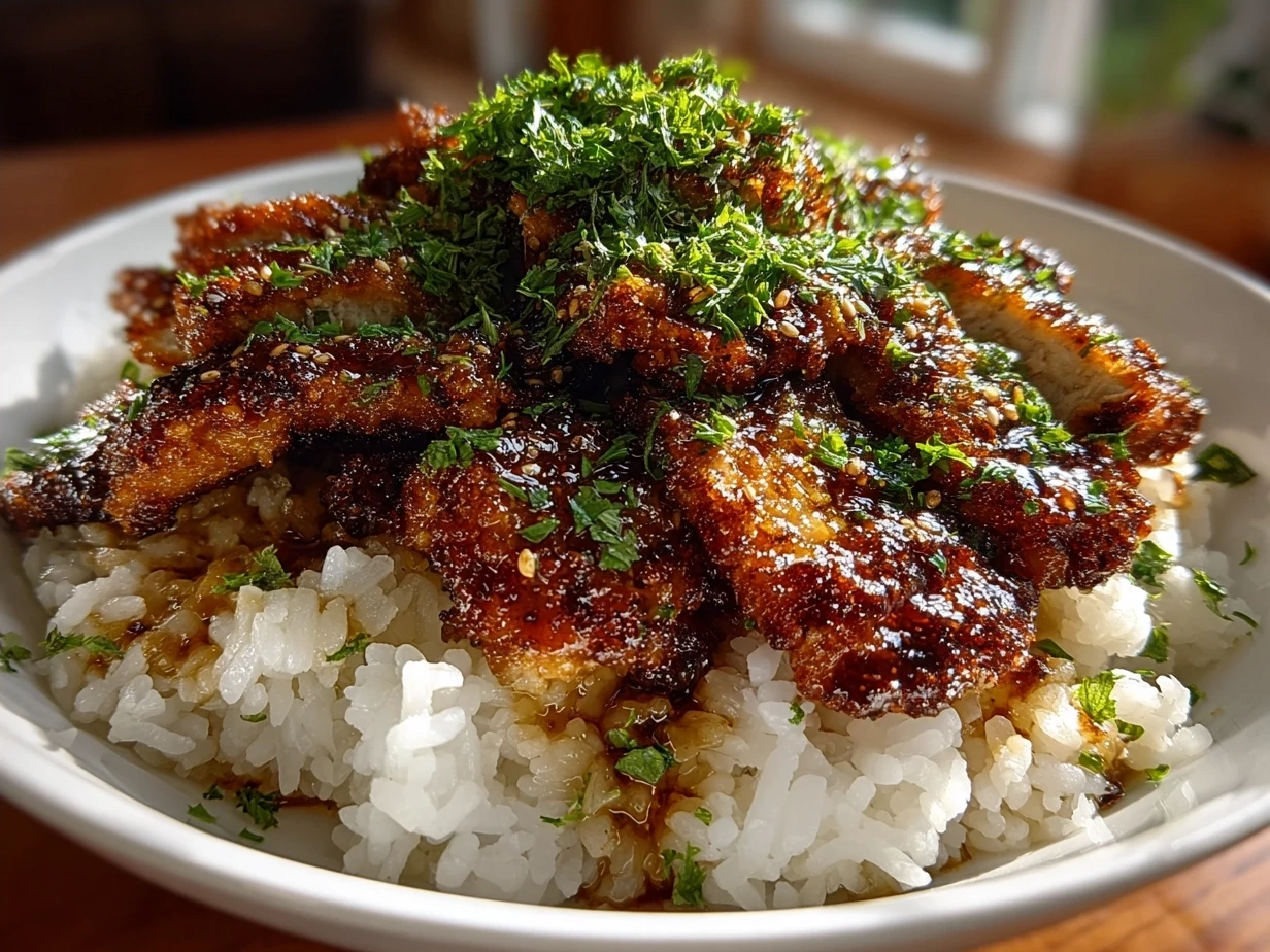 Finished Japanese Katsu Bowls with crispy cutlets and sauce
