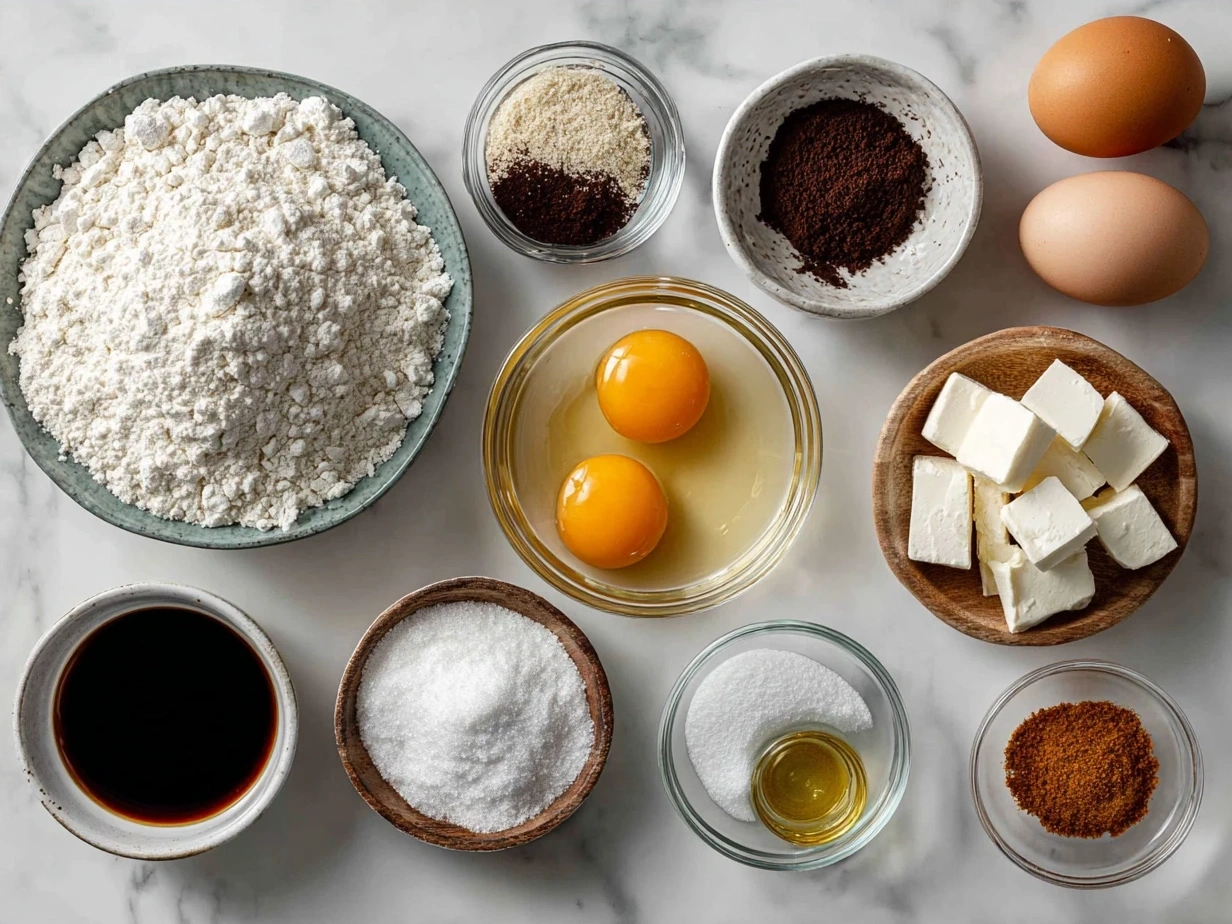 Ingredients for Japanese Katsu Bowls recipe including chicken, flour, eggs, panko breadcrumbs, rice, and sauce