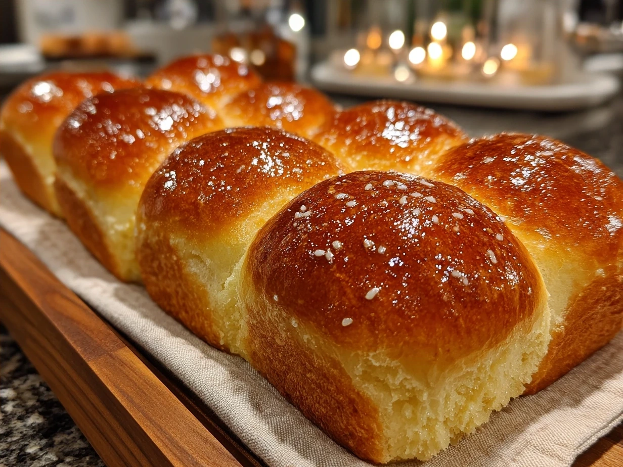 Freshly baked Japanese Milk Bread Rolls served on a wooden board