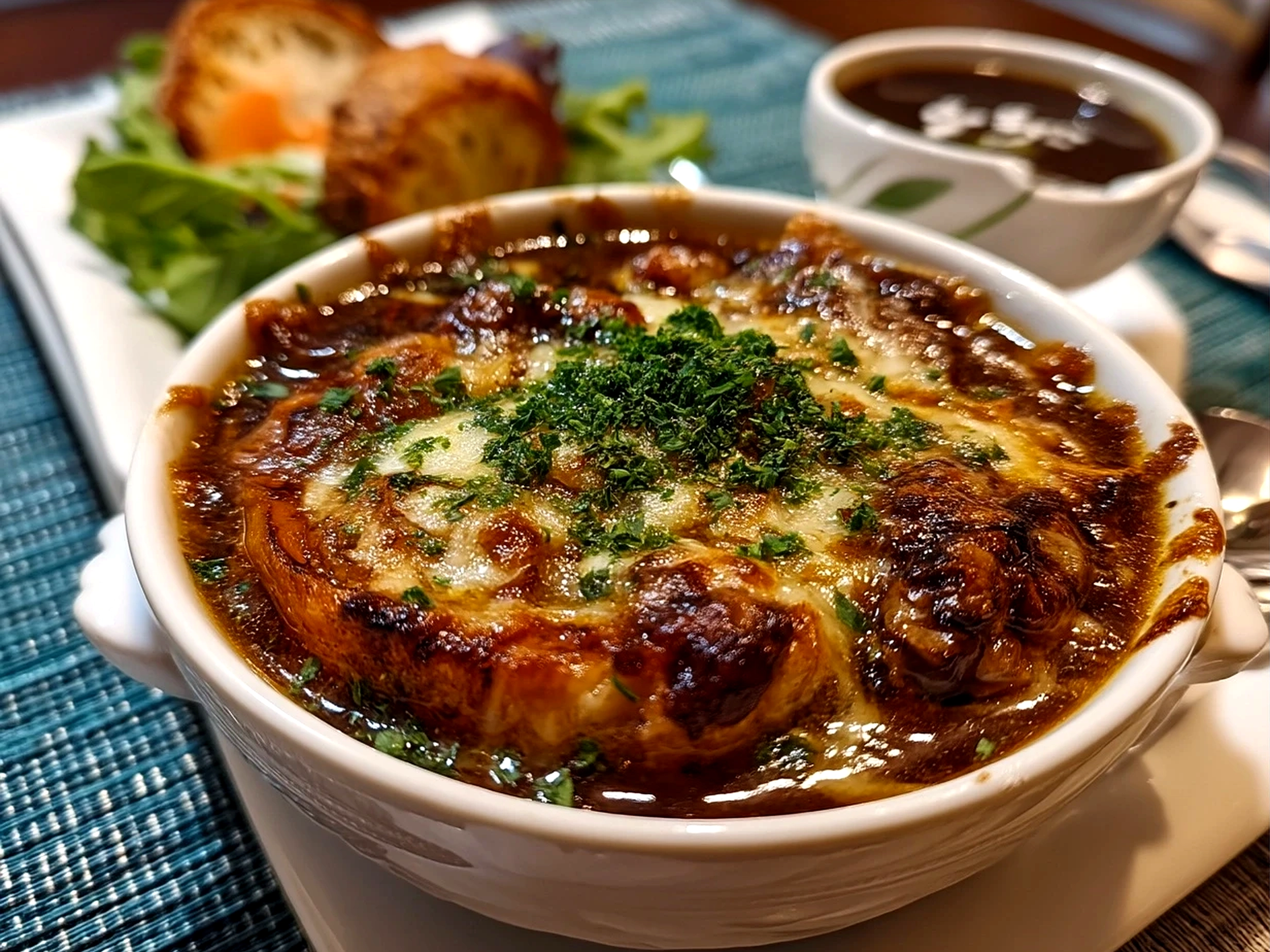 Bowl of Japanese Onion Soup garnished with chopped scallions and served with steamed rice