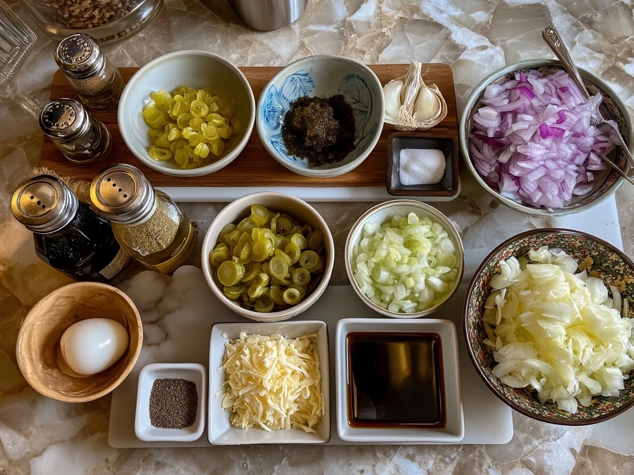 Ingredients for Japanese Onion Soup including onions, tofu, miso paste, dashi stock, and seasonings