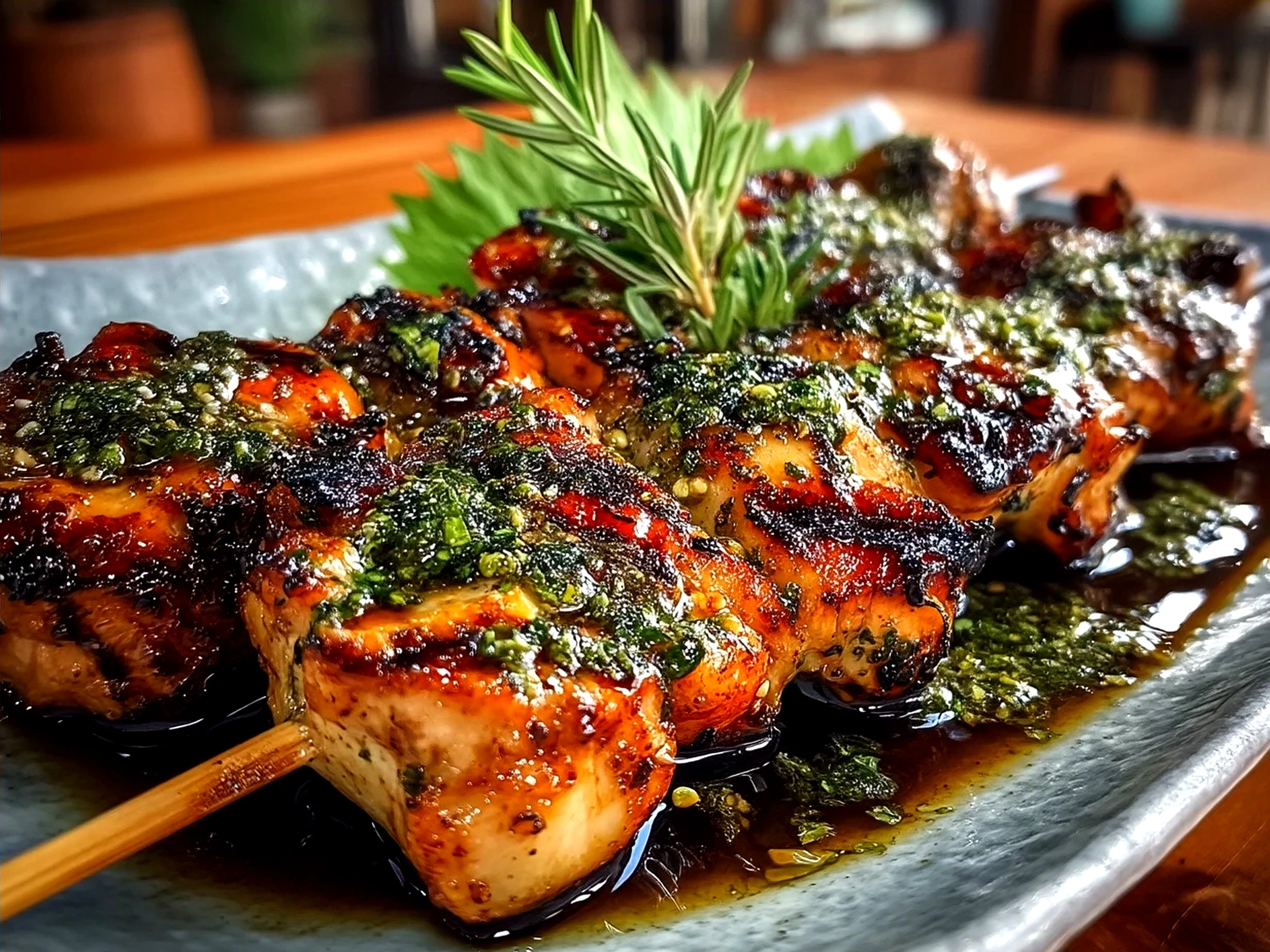 Plated Japanese Yakitori Grilled Chicken skewers served with steamed jasmine rice and cucumber salad.