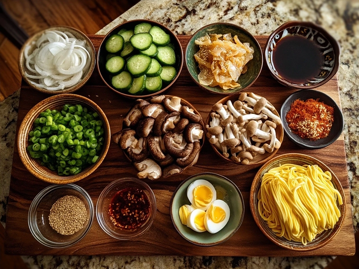 Ingredients laid out for Japanese Yakitori Grilled Chicken recipe including chicken thighs, soy sauce, mirin, sake, sugar, garlic, and ginger.