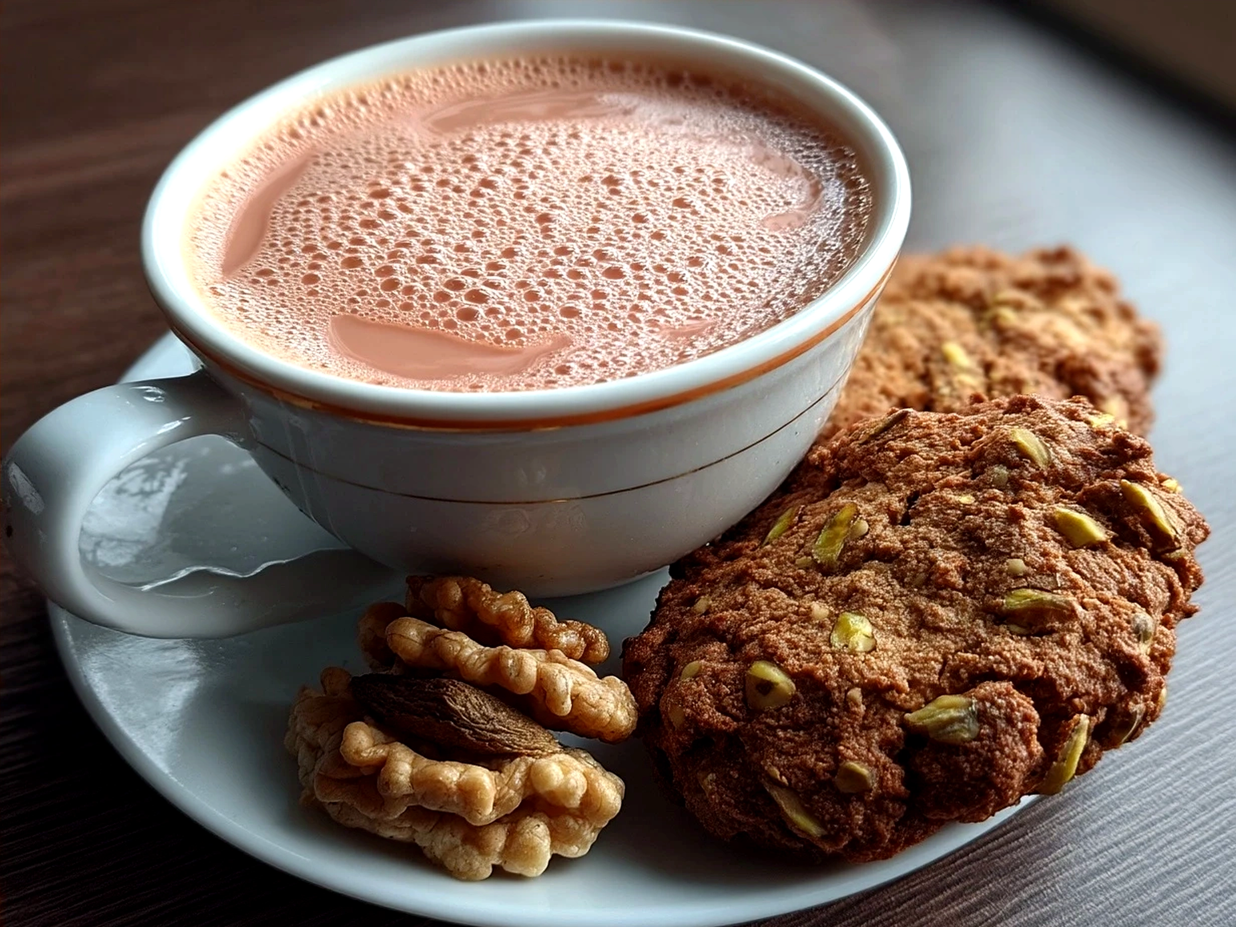 Serving Kashmiri Pink Chai in clear glass cups with nutty biscuits