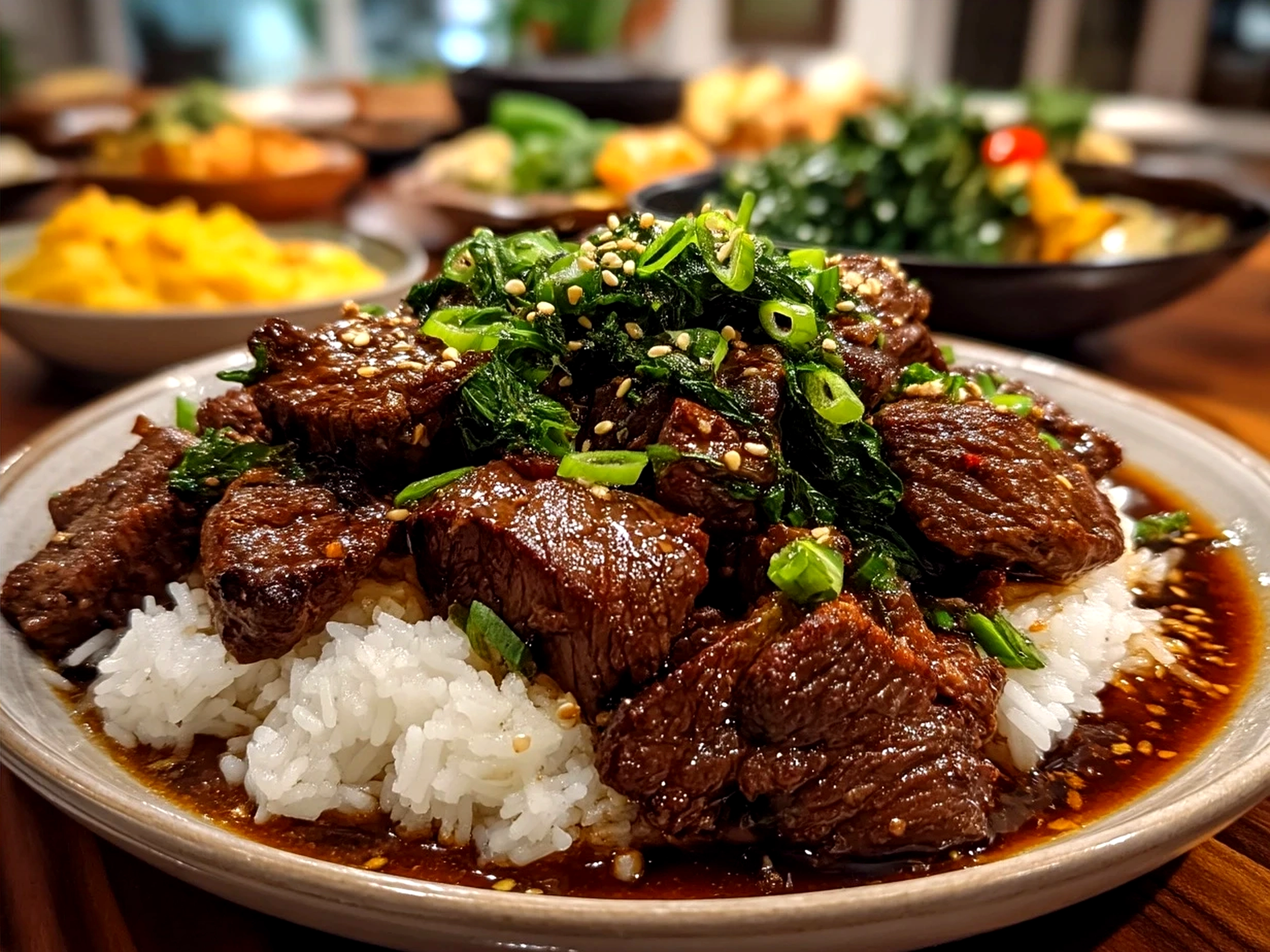 Korean BBQ Beef served with rice and lettuce wraps on a ssam platter